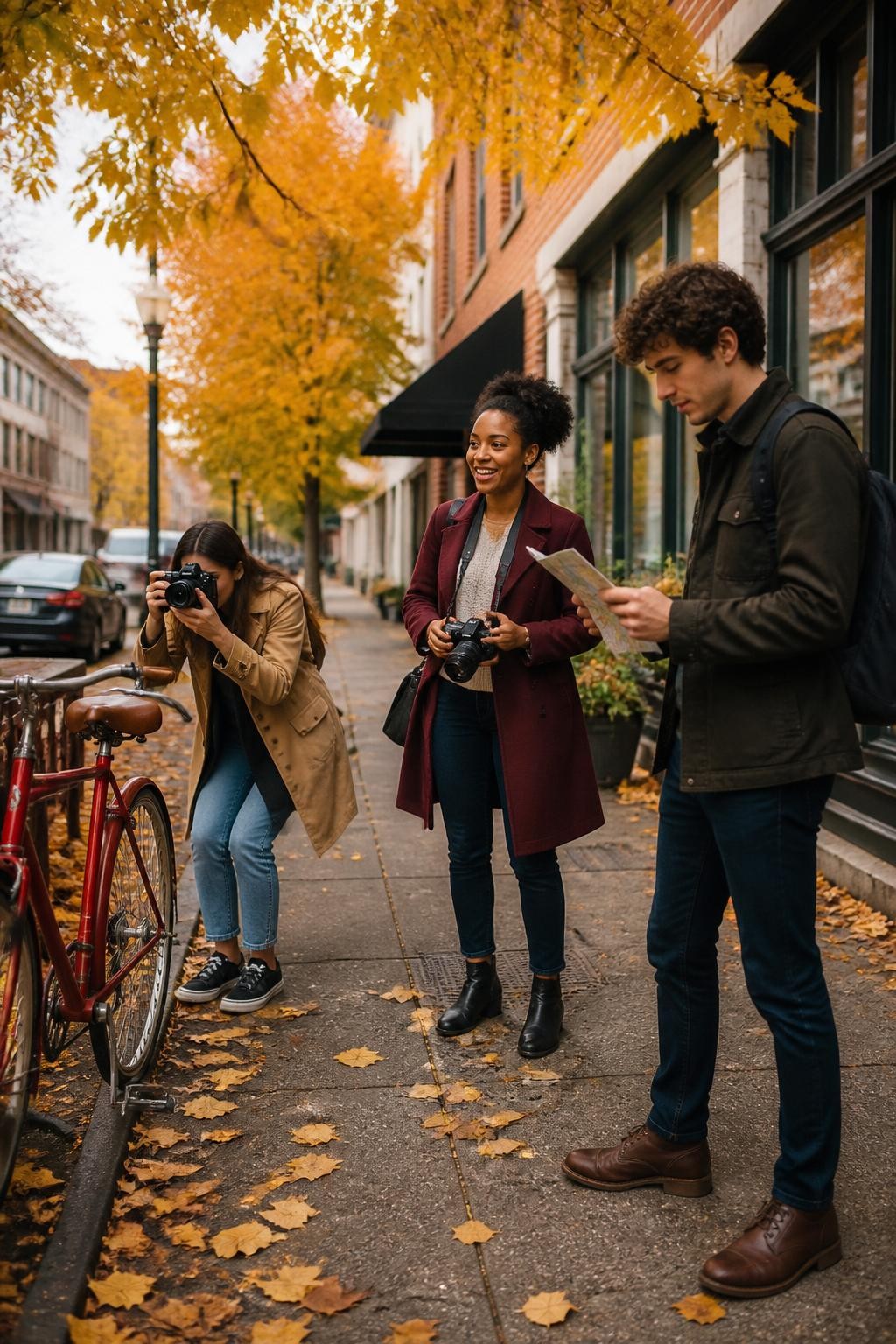 Image Prompt: A small group of friends exploring a tree-lined town street during fall while completing a photo treasure hunt, one person photographing a red bicycle under yellow leaves, another checking a folded clue list, a Black woman in a burgundy coat holding a camera and smiling, brick storefronts and window reflections in the background, fallen leaves on the pavement, soft cloudy daylight, natural movement, travel editorial DSLR photography, 35mm lens, no readable store names, no text overlay.