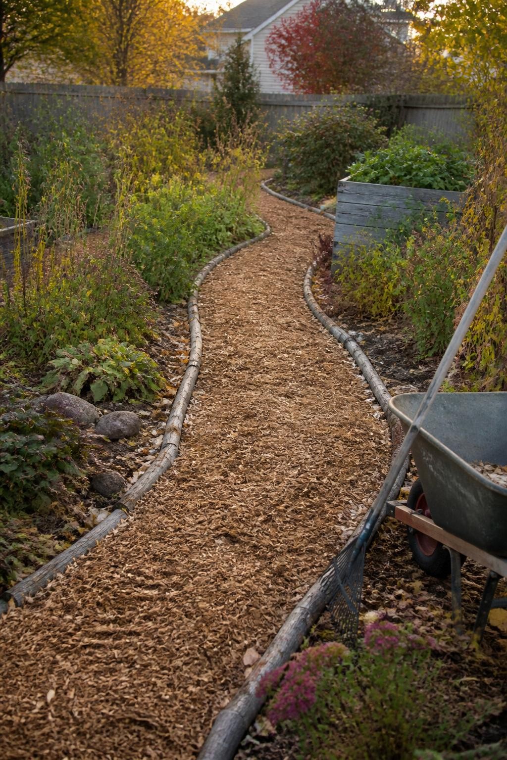 Image Prompt: A realistic backyard fall landscaping project showing a gently curved wood-chip path running between perennial beds and raised gardens, plain cardboard partly visible beneath a fresh thick layer of untreated wood chips, edges defined with small natural logs, a wheelbarrow and garden rake resting nearby, fading flowers and autumn foliage along both sides, warm soft afternoon light, practical residential garden setting, accurate path width and materials, DSLR photography, 35mm lens, no text.