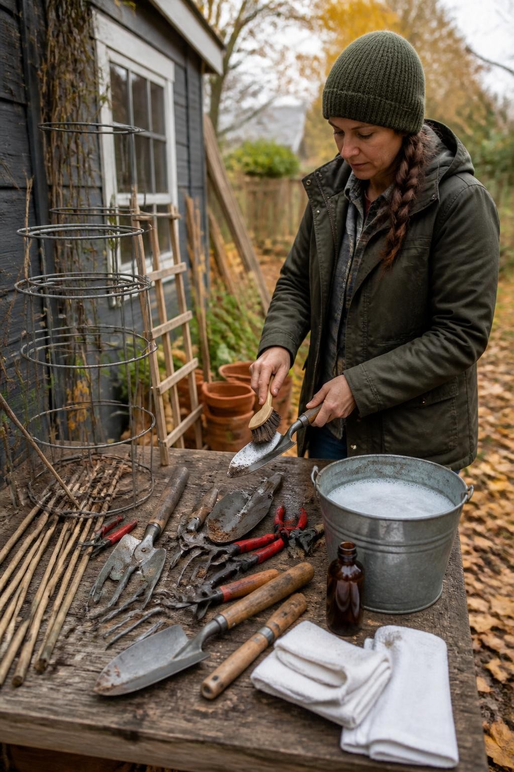 Image Prompt: A realistic outdoor fall tool-cleaning station beside a garden shed, tomato cages, bamboo stakes, hand tools, pruning shears, and a small trellis arranged on a wooden worktable, a gardener scrubbing soil from a trowel with a stiff brush beside a bucket of soapy water, clean cloths and rubbing alcohol nearby for wiping pruner blades, fallen leaves on the ground, cool clear autumn daylight, practical organized workspace, detailed metal and wood textures, human DSLR photography, 50mm lens, no text.