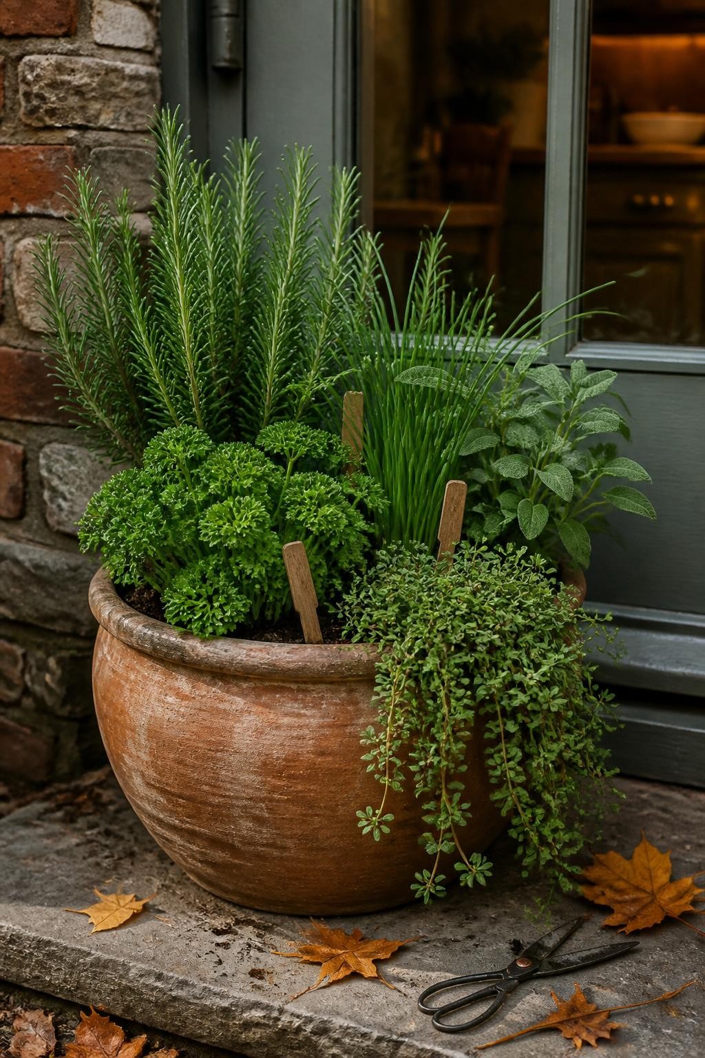 Image Prompt: A realistic large weathered terracotta container positioned beside a kitchen door, planted with upright rosemary, curly parsley, chives, sage, and creeping thyme spilling naturally over the rim, healthy foliage with slight natural imperfections, dark well-drained potting soil, small wooden plant labels, soil-stained garden scissors resting nearby, a few amber leaves scattered across the stone doorstep, soft warm autumn afternoon light, practical residential herb garden, realistic plant proportions, editorial DSLR photography, 50mm lens, shallow depth of field, highly detailed, no text.