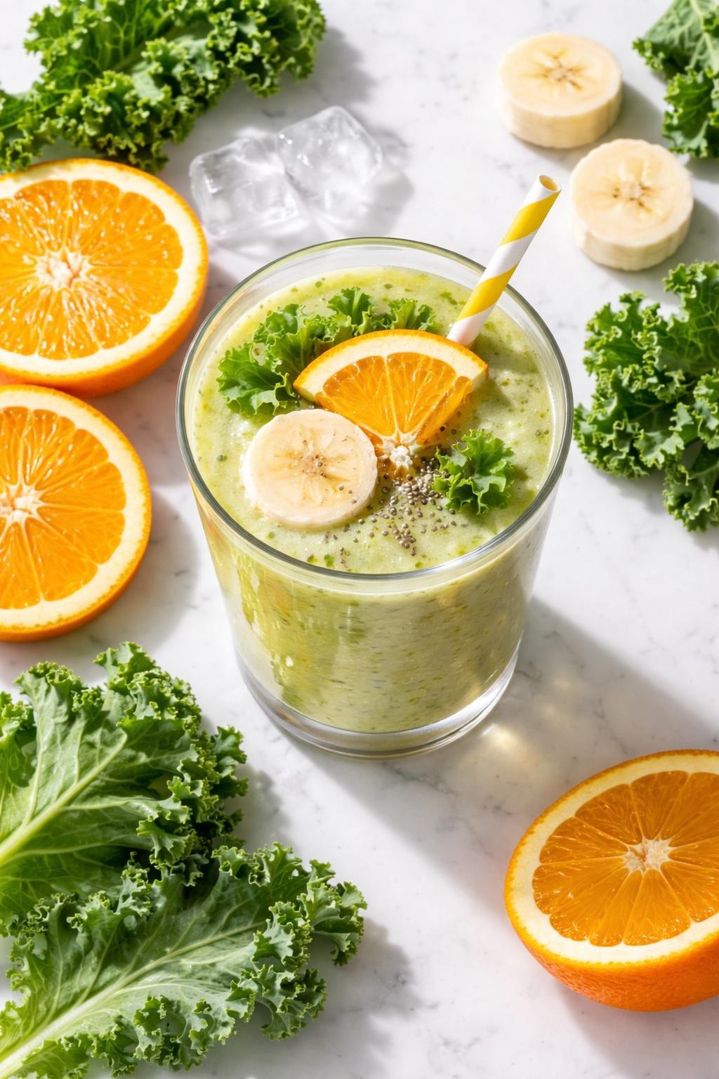 Realistic top-down food photography of a fresh orange kale smoothie in a clear glass on a clean white marble countertop. The smoothie is light green with a soft orange tone, styled with orange slices, kale leaves, banana slices, and a few ice cubes nearby. Bright natural daylight, clean citrus breakfast styling, high detail, realistic smoothie texture, no people, no hands, no text, no watermarks, no props with writing.