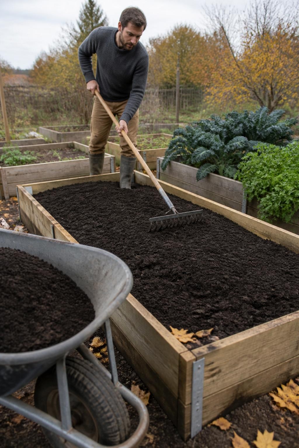 Image Prompt: A realistic fall garden scene showing a gardener spreading a two-inch layer of dark finished compost across an empty raised vegetable bed with a metal rake, crumbly compost visible in a wheelbarrow, rich soil beneath, neighboring beds holding late kale and parsley, a few autumn leaves resting on the wooden frame, soft cloudy daylight, practical home gardening atmosphere, authentic compost texture, DSLR editorial photography, 35mm lens, no text.