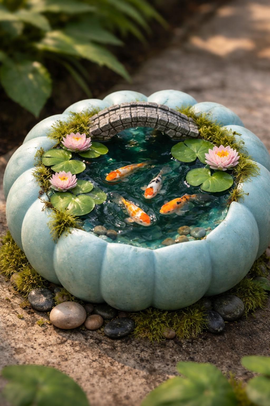 Image Prompt: A flat pale blue foam pumpkin transformed into a miniature koi pond, glossy dark teal center resembling deep water, hand-painted orange, white, black, and gold koi fish appearing to swim beneath the surface, sculpted lily pads and pink water lilies, tiny stone bridge crossing one side, smooth river pebbles and moss around the base, peaceful garden styling, soft natural daylight, realistic DSLR photography, detailed reflective finish, no people, no text.