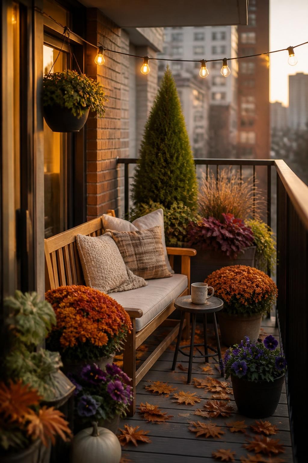 Image Prompt: A realistic small apartment balcony transformed into a cozy fall garden seating area, featuring a compact wooden bench with a neutral outdoor cushion, grouped containers of bronze mums, purple pansies, heuchera, ornamental grass, and a dwarf evergreen around the seating area, a small side table with a mug, warm string lights attached safely overhead, scattered amber leaves on the deck floor, golden evening light, city skyline softly blurred beyond the railing, inviting but practical residential styling, human DSLR photography, 35mm lens, highly detailed, no text.