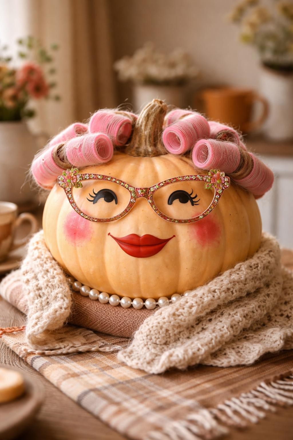 Image Prompt: A squat pale orange pumpkin styled as a funny grandmother, pink foam hair rollers arranged around the top, oversized floral glasses, small pearl necklace, bright red painted lips, rosy cheeks, knitted shawl draped around the base, humorous warm expression, cozy tabletop setting, soft daylight, realistic DSLR photography, detailed but easy handmade craft, no people, no text.
