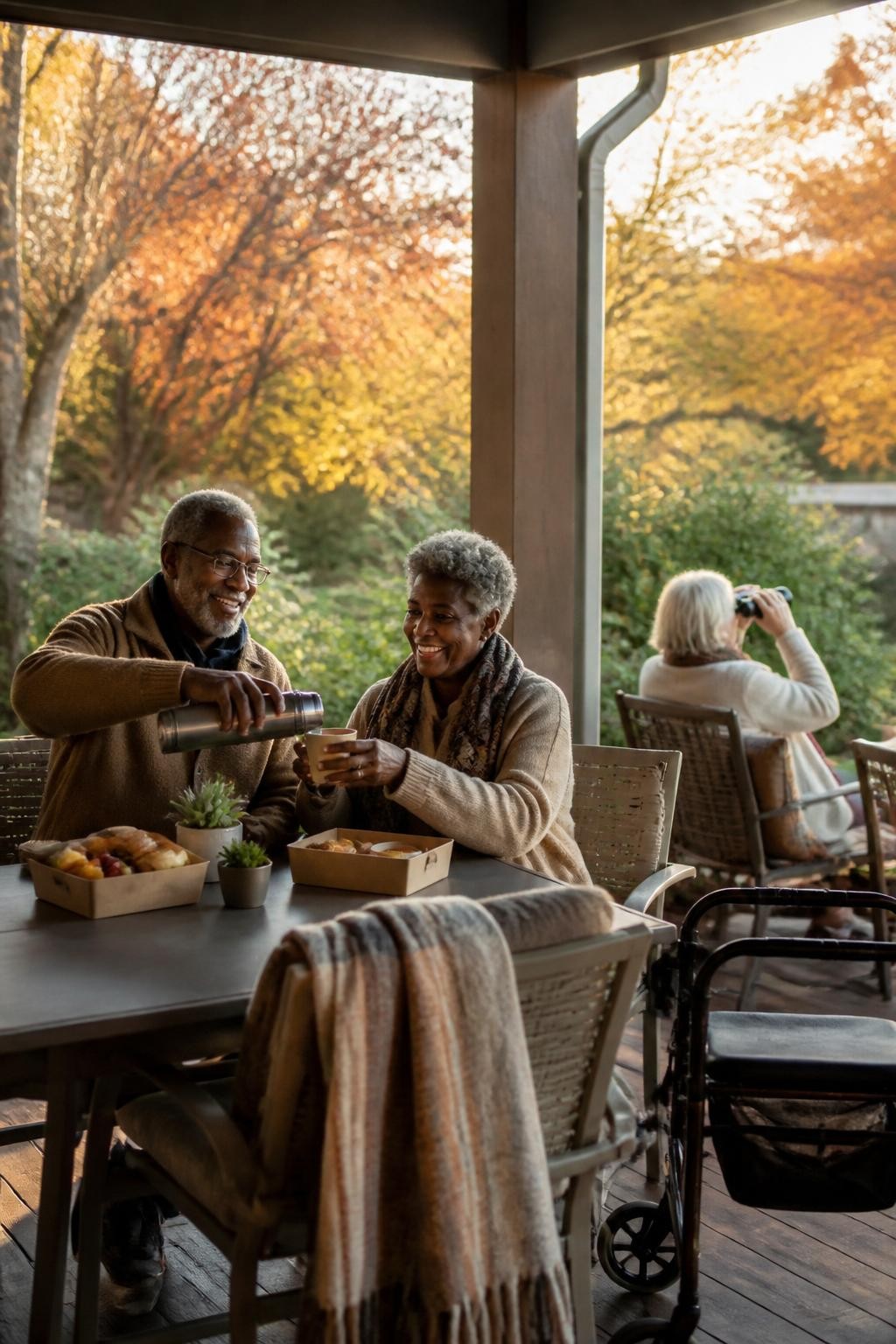 Image Prompt: A comfortable covered porch overlooking a garden filled with copper and yellow trees, older adults seated around accessible tables with supportive chairs, light picnic boxes containing sandwiches, fruit, soup cups and small pastries, a Black senior couple sharing a thermos drink while another participant watches birds in the garden, blankets folded over chair backs, walking aids positioned safely nearby, soft late-afternoon light, calm candid expressions, editorial DSLR lifestyle photography, no text.