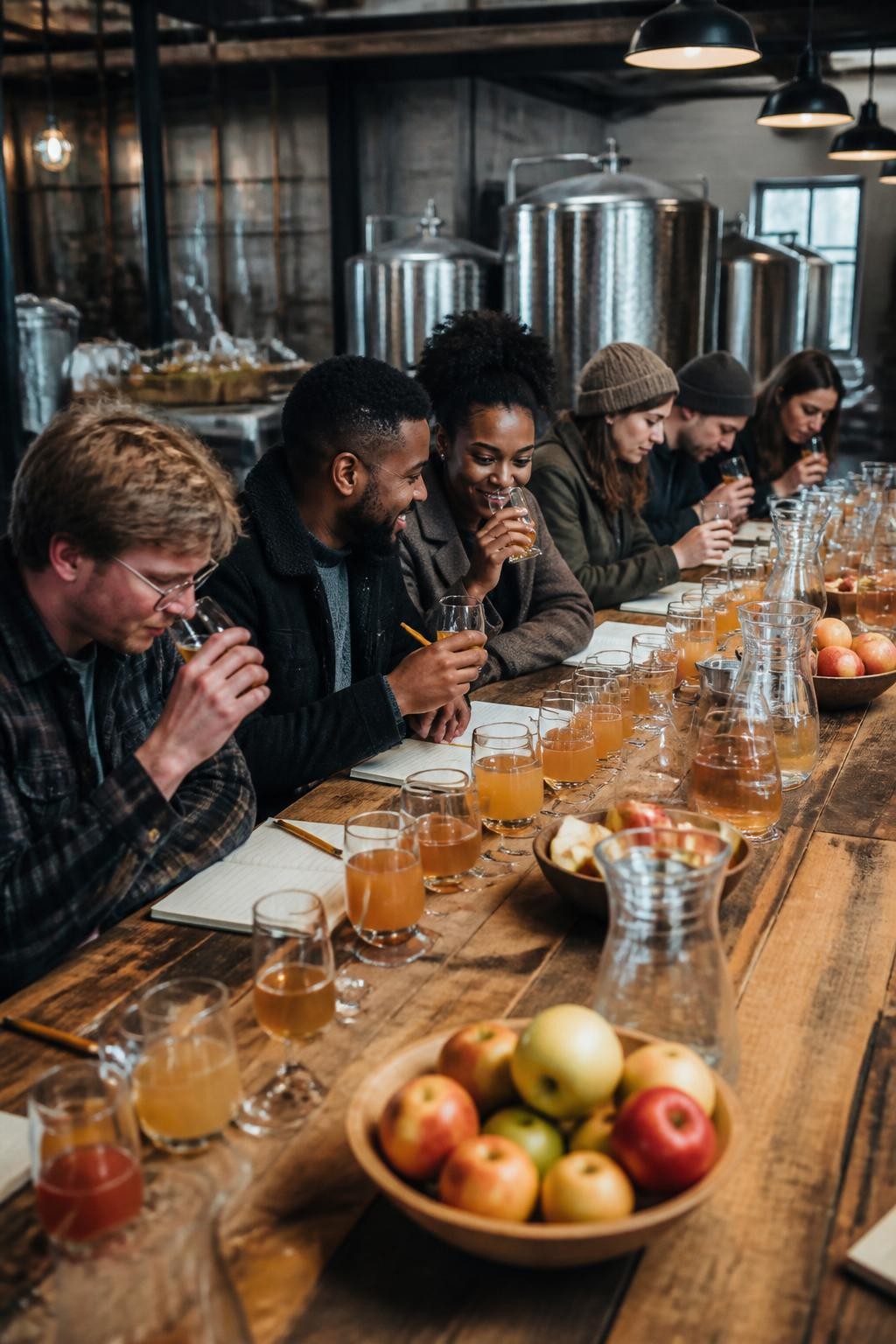 Image Prompt: A small working cidery during fall, a long reclaimed-wood tasting table holding clear glasses filled with several shades of fresh apple cider, small bowls of sliced apple varieties, tasting notebooks, pencils and glass pitchers, six adults comparing aromas and making their own blends, a Black couple seated near the center wearing casual wool jackets, metal cider tanks softly blurred in the background, realistic apple imperfections, cool industrial lighting balanced with warm pendant lights, documentary-style DSLR photography, 50mm lens, no readable branding, no text.