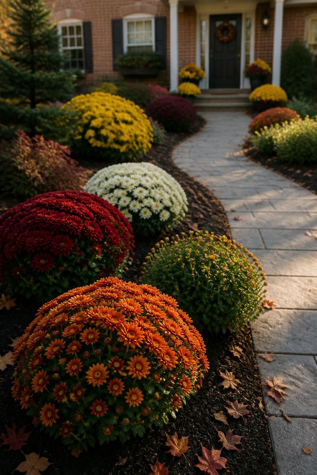 Image Prompt: A realistic suburban front yard in early fall featuring large rounded chrysanthemum plants in bronze, deep burgundy, golden yellow, and creamy white, planted in generous groups along a curved walkway leading to the front door, healthy dark green foliage, unopened buds mixed with mature flowers, dark mulch and a few scattered maple leaves, warm late-afternoon sunlight, modest brick home softly blurred in the background, natural plant spacing and minor petal imperfections, editorial DSLR garden photography, 35mm lens, highly detailed, no text.
