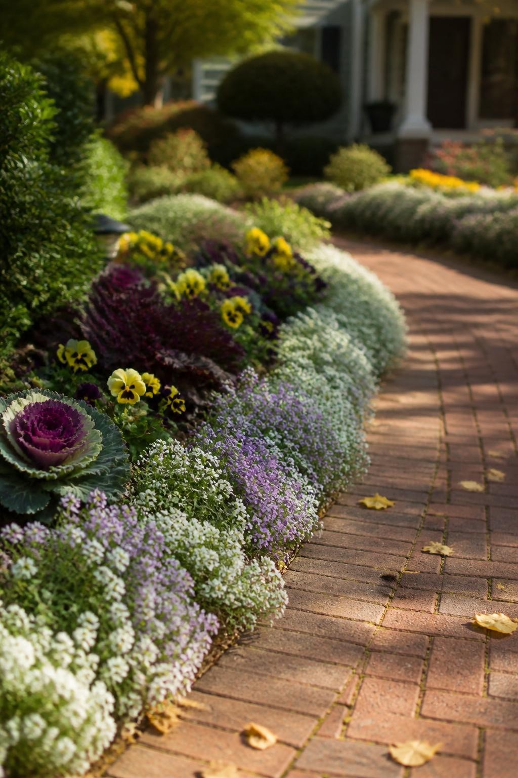 Image Prompt: A realistic sunny front-yard border with white and pale lavender sweet alyssum forming a low continuous edge along a curved brick walkway, tiny flower clusters spilling gently between ornamental cabbage, pansies, and heuchera, fine green foliage, warm autumn sunlight, a few yellow leaves scattered on the bricks, welcoming suburban home softly blurred in the distance, natural cascading growth and minor imperfections, DSLR garden photography, 85mm lens, no text.