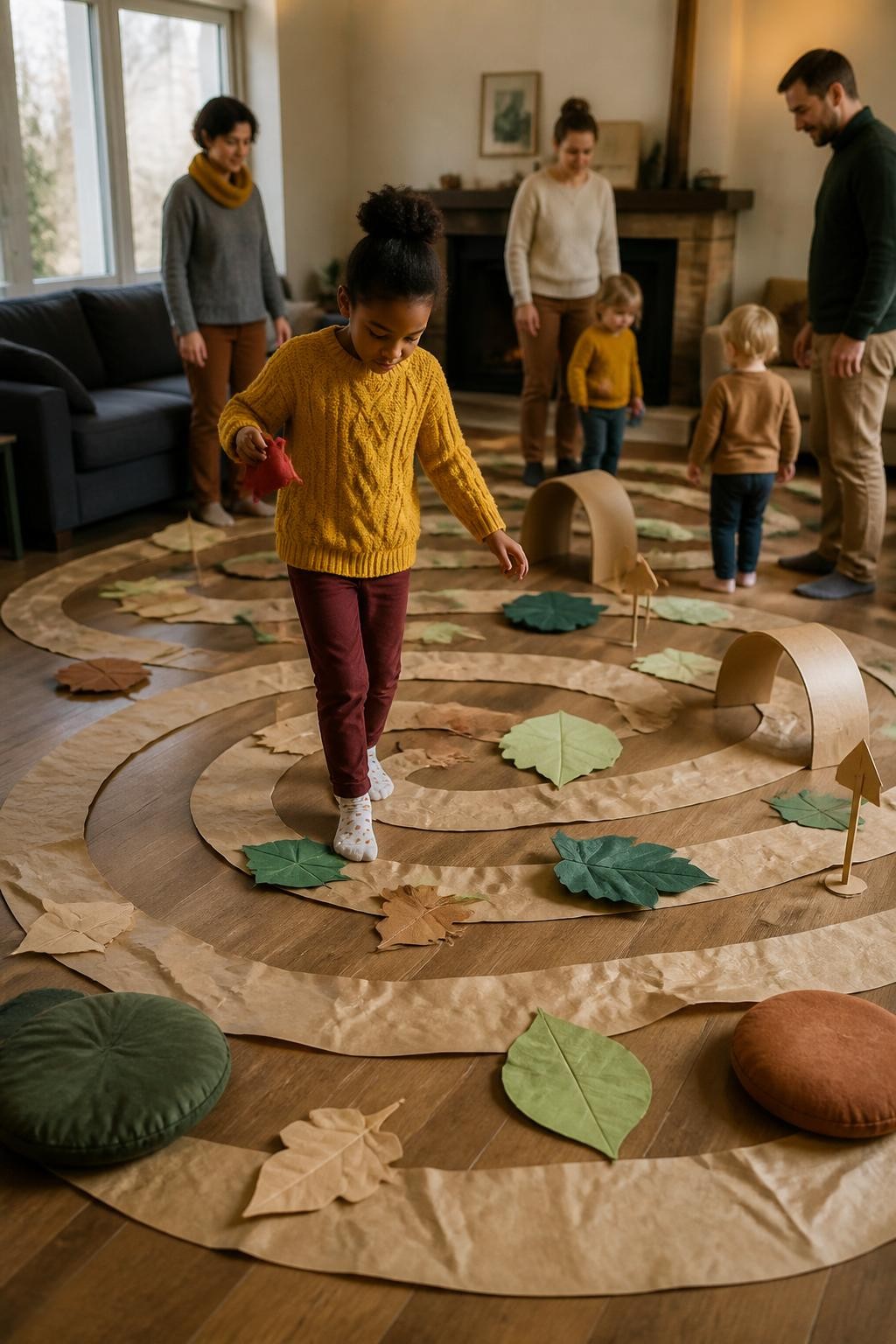 Image Prompt: A spacious living room with a winding indoor labyrinth created from wide strips of brown paper, fabric leaves, cushions and cardboard tunnels, children and adults taking turns following the path while carrying small beanbags, one Black child stepping carefully between paper leaf markers, sofas pushed safely against the walls, warm knitted clothing, handmade arrows with no visible writing, soft afternoon window light, natural movement, editorial DSLR family photography, 35mm lens, no text overlay.
