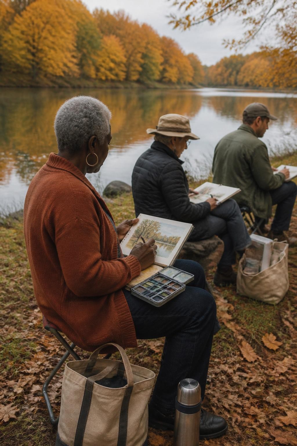 Image Prompt: A peaceful lakeside park in autumn, three adults seated on folding stools with sketchbooks and travel watercolor kits, one Black senior woman in a rust cardigan sketching a line of golden trees reflected in the water, thermos and tote bags beside them, light breeze moving the leaves, calm overcast light, candid artistic atmosphere, editorial DSLR photography, 50mm lens, no text.