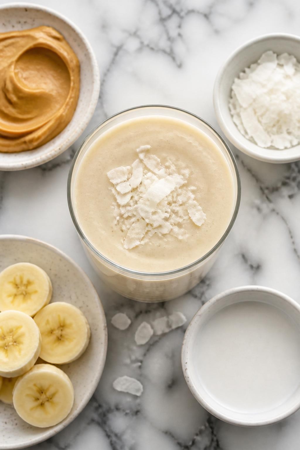 Realistic top-down editorial food photography of a creamy peanut butter coconut smoothie served in a clear glass on a clean white and gray marble countertop. The smoothie is pale beige, thick, and smooth, styled with coconut flakes, peanut butter in a plain dish, banana slices, and a small plain bowl of coconut milk nearby. Bright natural light, clean tropical snack smoothie styling, high detail, realistic creamy texture, no people, no hands, no text, no watermarks, no props with writing.