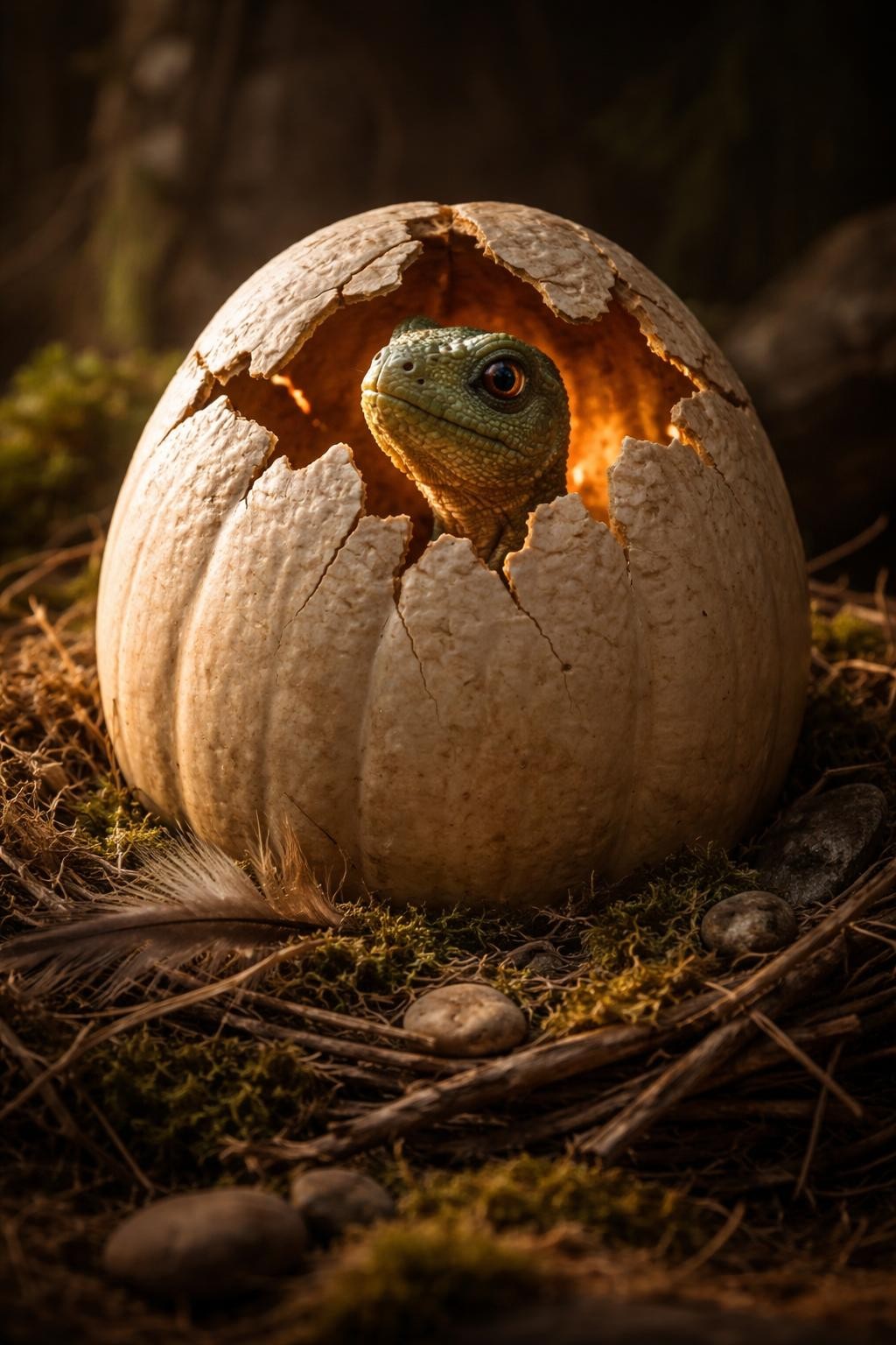 Image Prompt: A large cream-colored oval pumpkin transformed into a cracked dinosaur egg, jagged broken shell opening near the top, tiny green baby dinosaur head emerging with bright curious eyes, raised speckled shell texture, warm amber light glowing through thin cracks, mossy nest made from twigs, leaves, feathers, and stones, cinematic prehistoric display, soft dramatic side lighting, realistic DSLR photography, highly detailed craft finish, no people, no text.