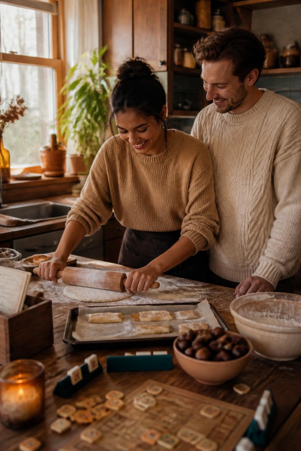 Image Prompt: A couple spending an autumn afternoon at home combining two different family traditions, one partner teaching the other how to make a spiced family pastry while an old board game and a bowl of roasted chestnuts wait on the dining table, the woman with medium-brown skin rolling dough beside her smiling partner, casual sweaters, handwritten family recipe card turned away from the camera, natural kitchen mess, warm window light, realistic food preparation and candid expressions, editorial DSLR lifestyle photography, no readable text.