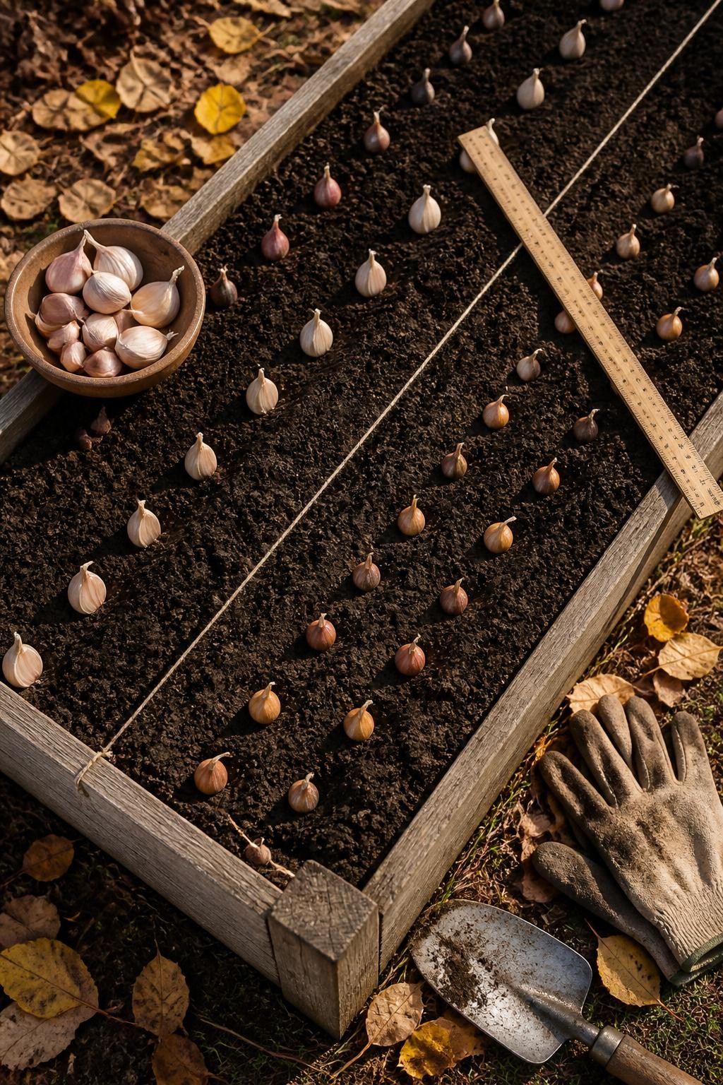 Image Prompt: A realistic overhead view of a fall raised bed being planted with garlic cloves and shallot sets, individual garlic cloves positioned with pointed ends facing upward in evenly spaced rows, a wooden ruler and garden string helping mark the spacing, a small rustic bowl filled with separated cloves beside the bed, loose compost-rich soil, faded gardening gloves and a metal hand trowel nearby, fallen yellow leaves around the wooden frame, soft golden afternoon sunlight, practical backyard garden scene, accurate bulb proportions, high-detail DSLR photography, no text.