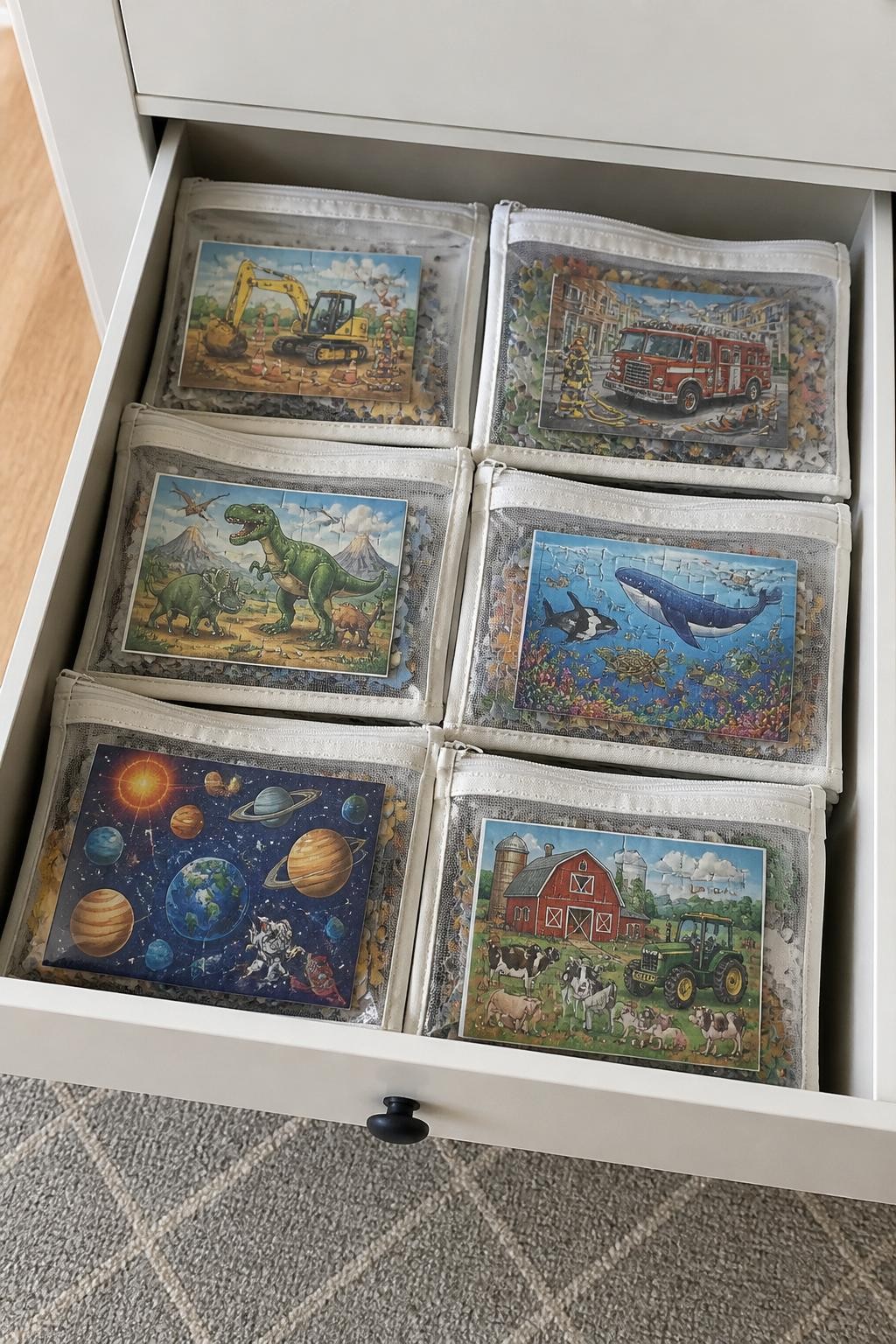 Image prompt: Shallow playroom drawer filled with several sturdy transparent zippered pouches, each containing one complete children’s puzzle with a small picture of the finished puzzle placed inside the front, photographed from overhead with natural iPhone photo quality, soft daylight, realistic puzzle pieces and slightly used fabric pouches, simple family home setting, no hands, no logos, no watermarks on images.