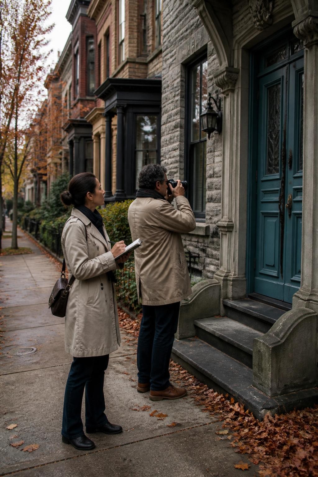 Image Prompt: An adult couple walking through a neighborhood of historic stone and brick homes during fall, studying decorative doors, old windows and porch details, one person holding a small sketchbook while the other takes photographs with a compact camera, both wearing neutral trench coats and practical shoes, copper leaves scattered along the sidewalk, soft overcast light showing realistic building textures, candid posture, editorial architectural travel photography, 35mm DSLR lens, no readable street signs, no text.