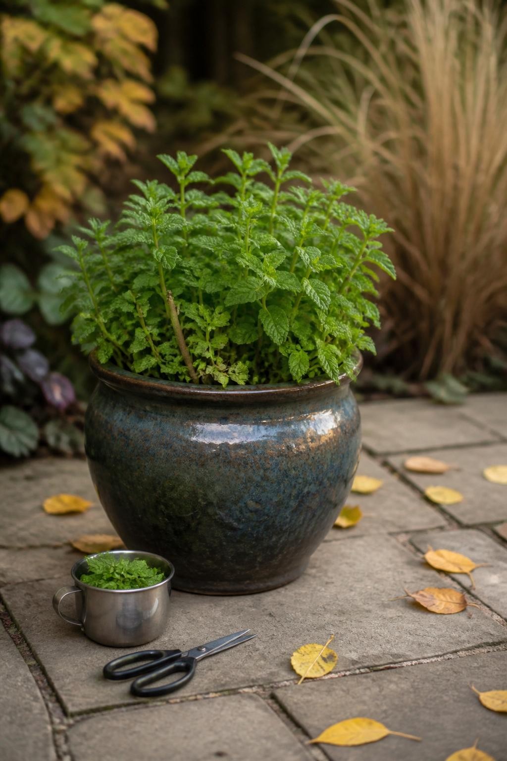 Image Prompt: A realistic large glazed ceramic pot containing a full but controlled mint plant in a fall garden, healthy bright green leaves with a few cut stems from recent harvesting, the container sitting alone on a stone patio away from garden beds, a small metal cup of freshly picked mint leaves and garden scissors beside it, scattered yellow leaves, soft diffused afternoon light, practical home herb garden scene, true-to-life plant growth, DSLR photography, 70mm lens, shallow depth of field, no text.