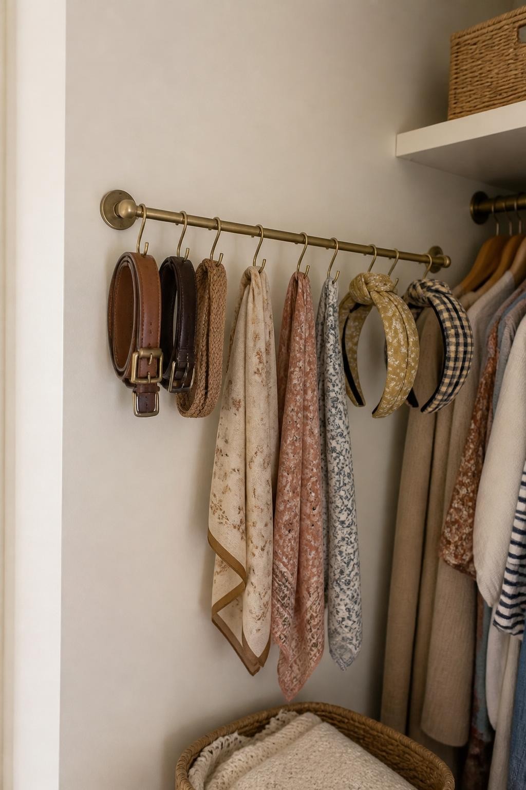 Image prompt: Side wall inside a closet with a slim brass rail and several small S-hooks holding rolled leather belts, lightweight scarves, and two fabric headbands, photographed with warm natural iPhone photo quality, soft shadows, neutral bedroom closet, authentic metal and fabric detail, simple do-it-yourself installation, tidy but approachable home organization, no people, no logos, no watermarks on images.
