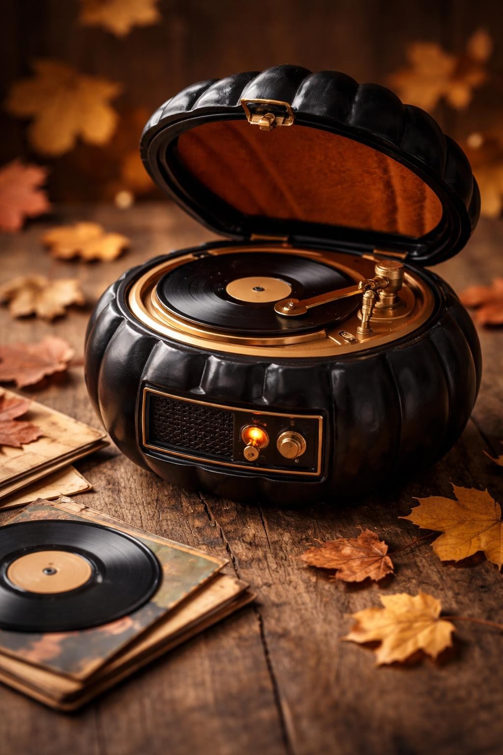 Image Prompt: A wide black plastic pumpkin transformed into a miniature vintage record player, hinged lid open at the top, tiny vinyl record spinning on a gold turntable surface, delicate tonearm, brass controls, small speaker panel on the front, autumn leaves and old record sleeves arranged nearby, warm nostalgic lighting, realistic DSLR craft photography, sharp handcrafted details, no people, no readable text.