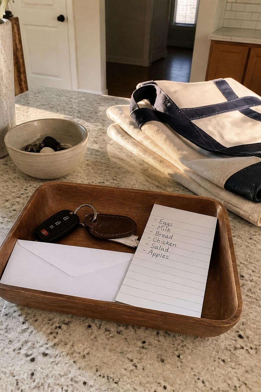 Image prompt: Small section of a kitchen counter near the entrance with a shallow wooden tray holding house keys, one unopened letter, a grocery list, reusable shopping bags folded nearby, and a small bowl for loose items, photographed with natural iPhone photo quality, soft late-afternoon window light, realistic lived-in home, clean surrounding counter, no people, no visible personal information, no watermarks on images.
