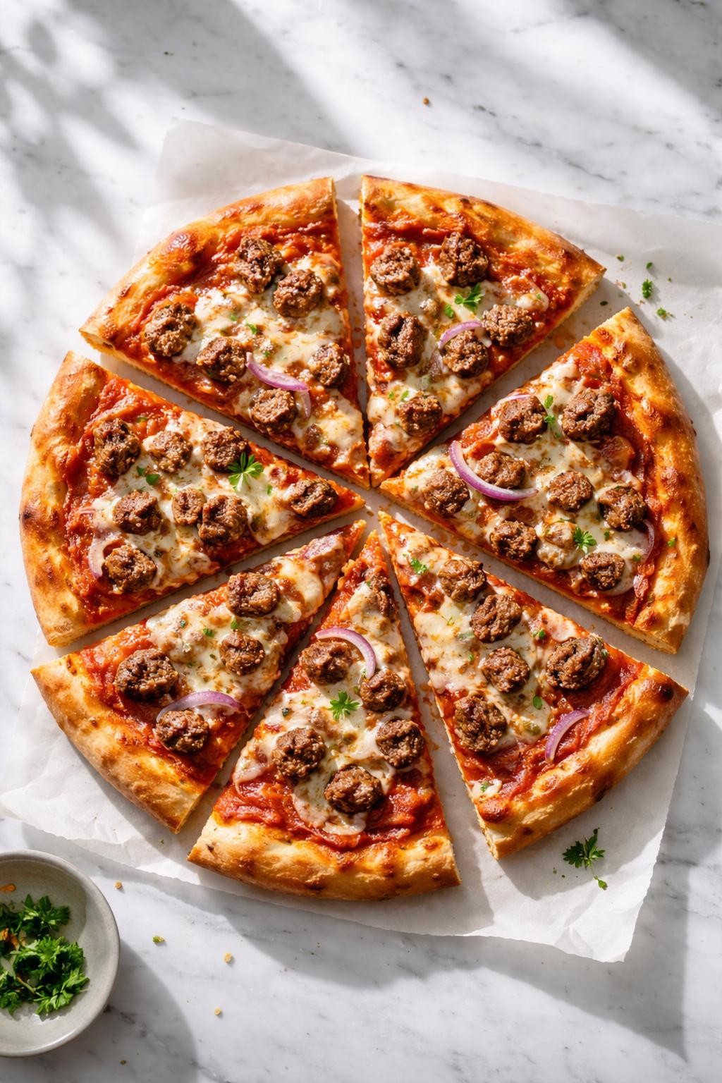 Prompt: Top-down realistic editorial food photography of leftover meatloaf pizza on a clean light marble countertop, homemade pizza topped with chopped leftover meatloaf, melted mozzarella, tomato sauce, and red onions, sliced into wedges with bubbly cheese and golden crust, casual homemade dinner mood, bright natural window lighting, soft shadows, clean composition, high detail, realistic food texture, no people, no hands, no text, no watermarks, no props with writing.