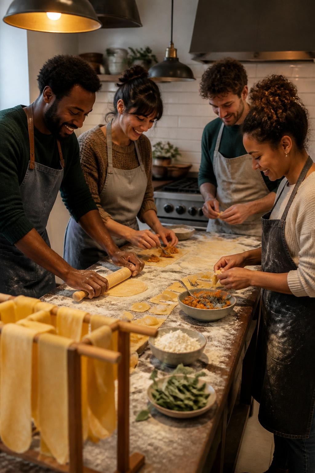 Image Prompt: A bright home kitchen during an adult pasta-making evening, fresh sheets of pasta draped over a wooden rack, bowls of roasted pumpkin filling, ricotta, sage leaves and flour spread naturally across a large island, four friends shaping ravioli by hand, one Black man rolling dough while a woman with medium-brown skin seals pasta edges, casual aprons over sweaters, flour dust on hands and work surface, warm pendant lighting, realistic food texture and imperfect pasta shapes, high-end editorial DSLR food photography, 50mm lens, no text, no logos.