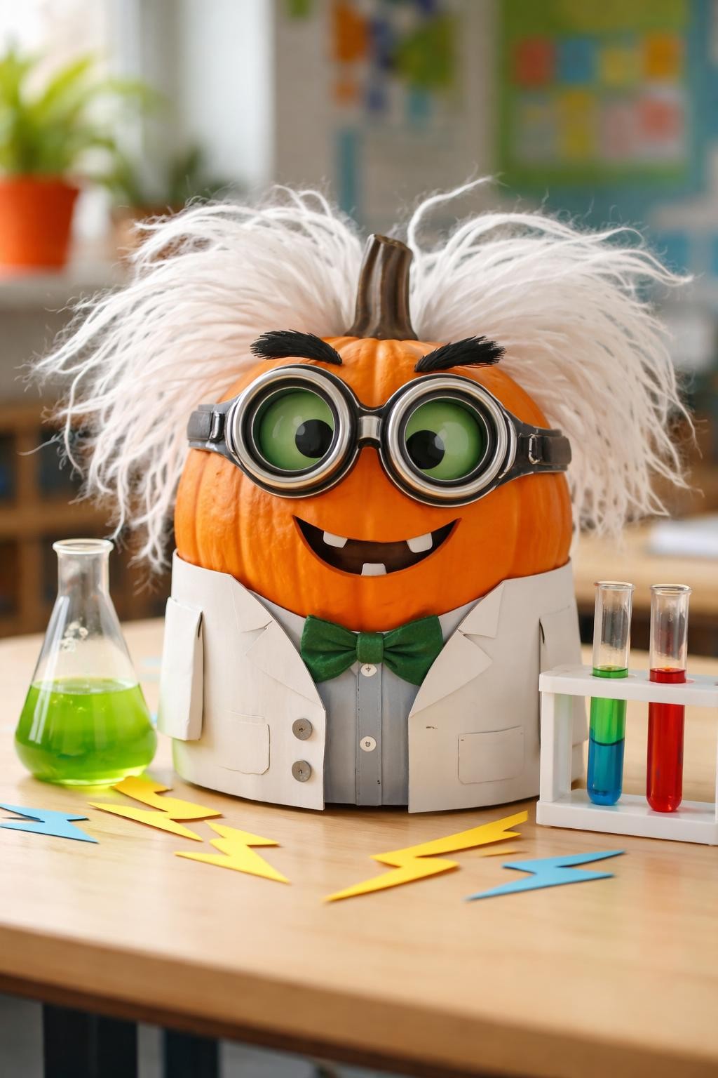 Image Prompt: An orange pumpkin decorated as a funny mad scientist, wild white yarn hair, oversized goggles, raised eyebrows, crooked smile, tiny cardboard lab coat, small plastic beakers with colored water nearby, paper lightning bolts around the base, classroom science theme, bright natural light, realistic DSLR craft photography, no people, no readable text.