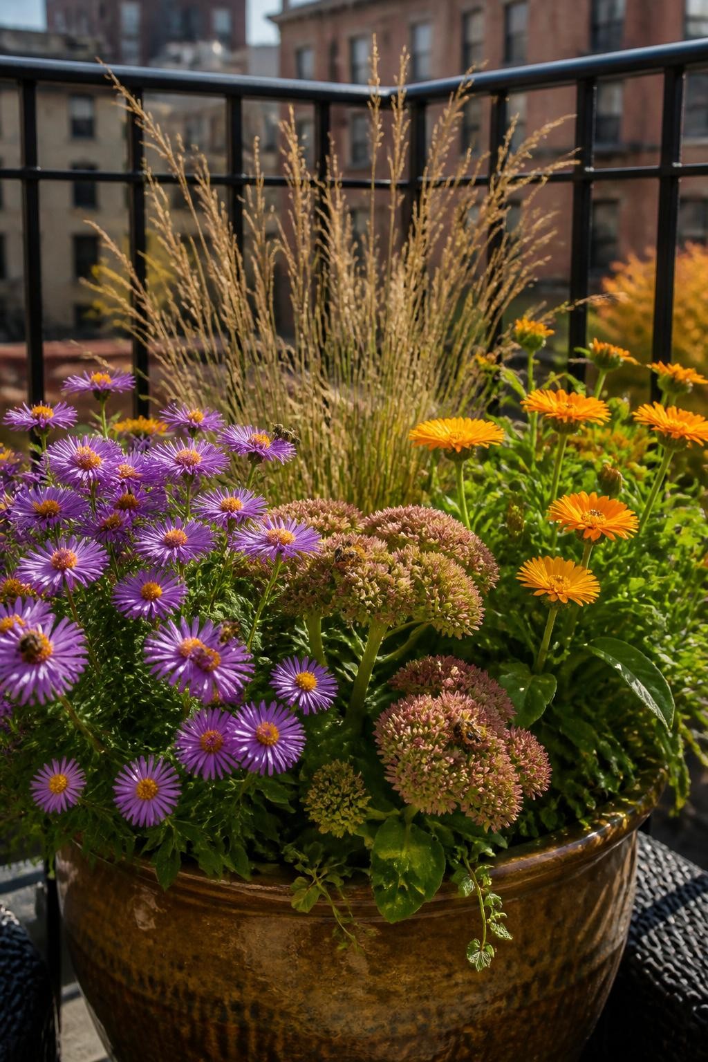 Image Prompt: A realistic sunny urban balcony with a large ceramic planter filled with purple asters, compact sedum, golden calendula, and fine ornamental grass, several bees visiting the flowers naturally, healthy leaves with slight weathering, warm late-morning fall sunlight, black metal railing and neighboring buildings softly blurred, authentic pollinator-friendly container garden, editorial DSLR photography, 70mm lens, highly detailed, no text.