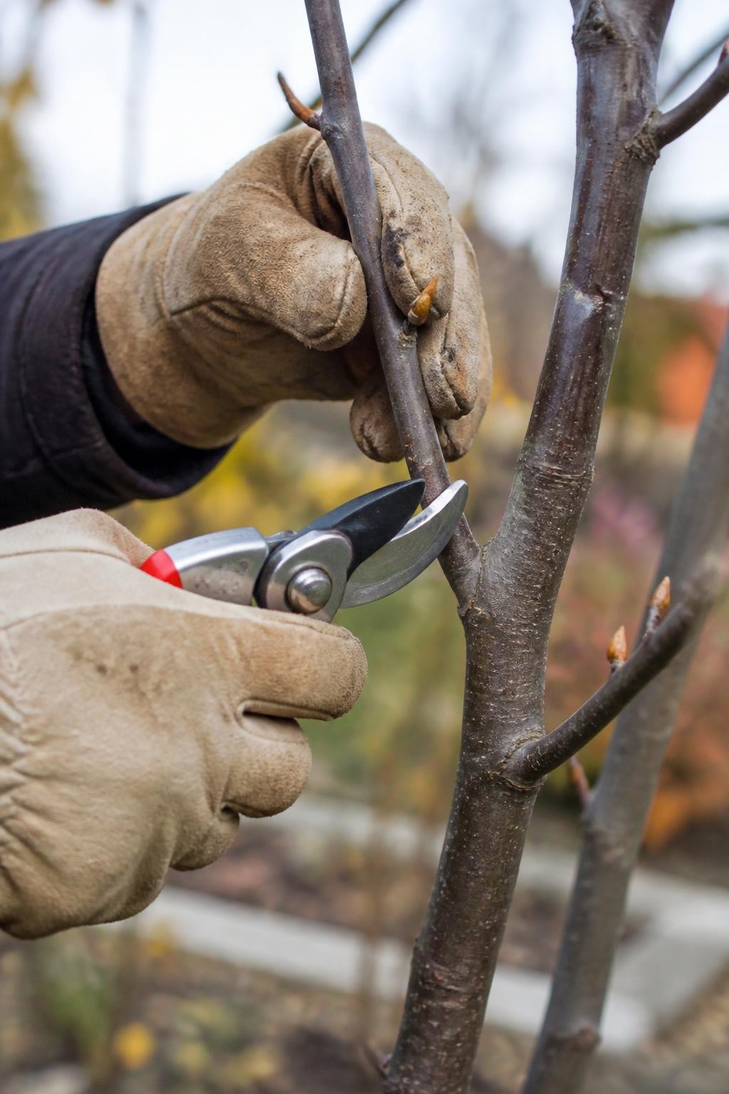 Image Prompt: A realistic close-up instructional garden scene showing a clean pruning cut being made on a medium deciduous shrub branch with sharp bypass pruners, the blades positioned just above an outward-facing bud at a slight angle, a second thicker branch nearby marked for removal just outside the branch collar, gardener wearing practical soil-stained gloves, natural bark texture and small autumn buds clearly visible, soft diffused daylight, blurred fall garden background, accurate horticultural technique, macro-style DSLR photography, 85mm lens, highly detailed, no text or diagrams.