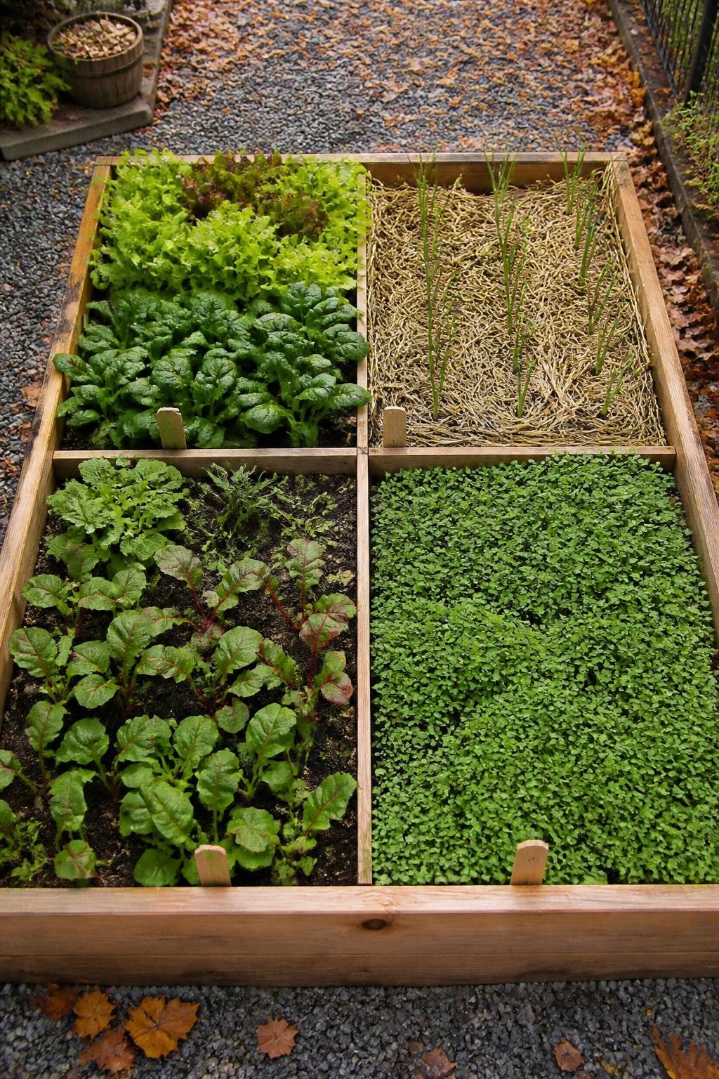 Image Prompt: A realistic large square cedar raised bed divided into four organized planting sections using narrow wooden slats, one section filled with leafy lettuce and spinach, one planted with garlic cloves under a light straw mulch, one containing young radishes and beets, and one covered with a fresh green cover crop, small simple plant labels marking each section, gravel paths around the bed, scattered amber leaves, soft bright autumn daylight, practical and achievable backyard garden layout, overhead DSLR photography, highly detailed, no text.