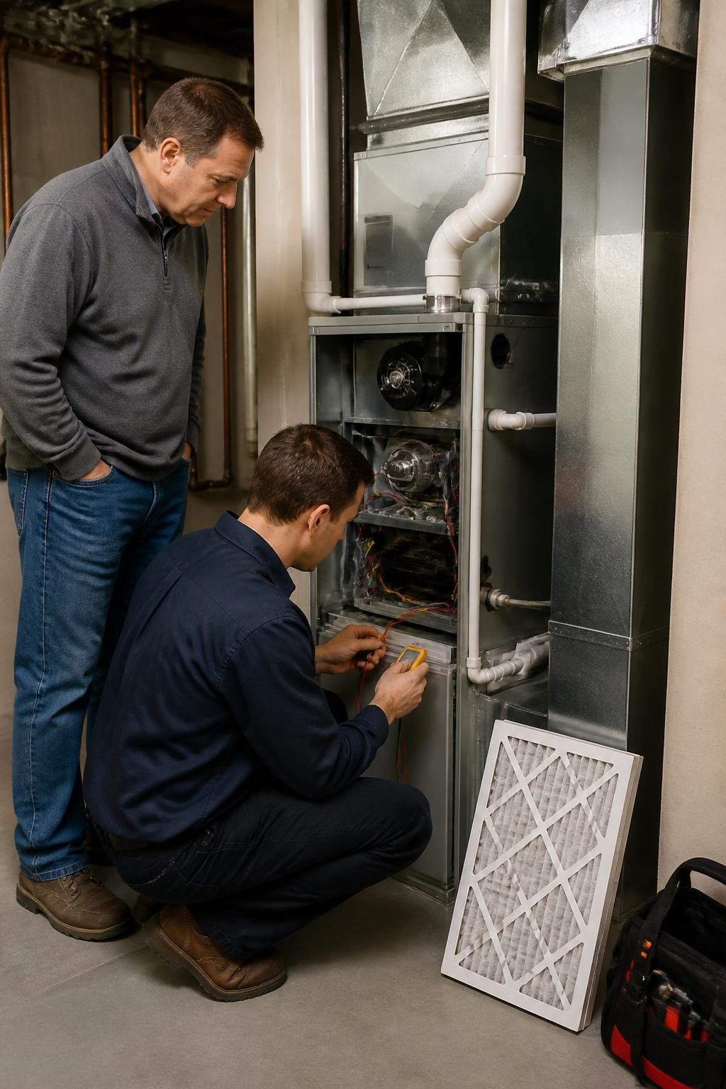 Image Prompt: A highly realistic indoor maintenance photograph showing a qualified heating technician servicing a residential furnace in a clean utility room, using a handheld diagnostic instrument while the homeowner observes from a safe distance, furnace access panel opened correctly, organized pipes and ductwork, clean replacement air filter resting nearby, warm practical lighting, accurate technical equipment and professional workwear, natural body proportions and hand placement, professional DSLR photography with a 35mm lens, documentary home-service quality, no sparks, smoke, fire, or unsafe repairs, no brand logos, no text, no watermarks on images.