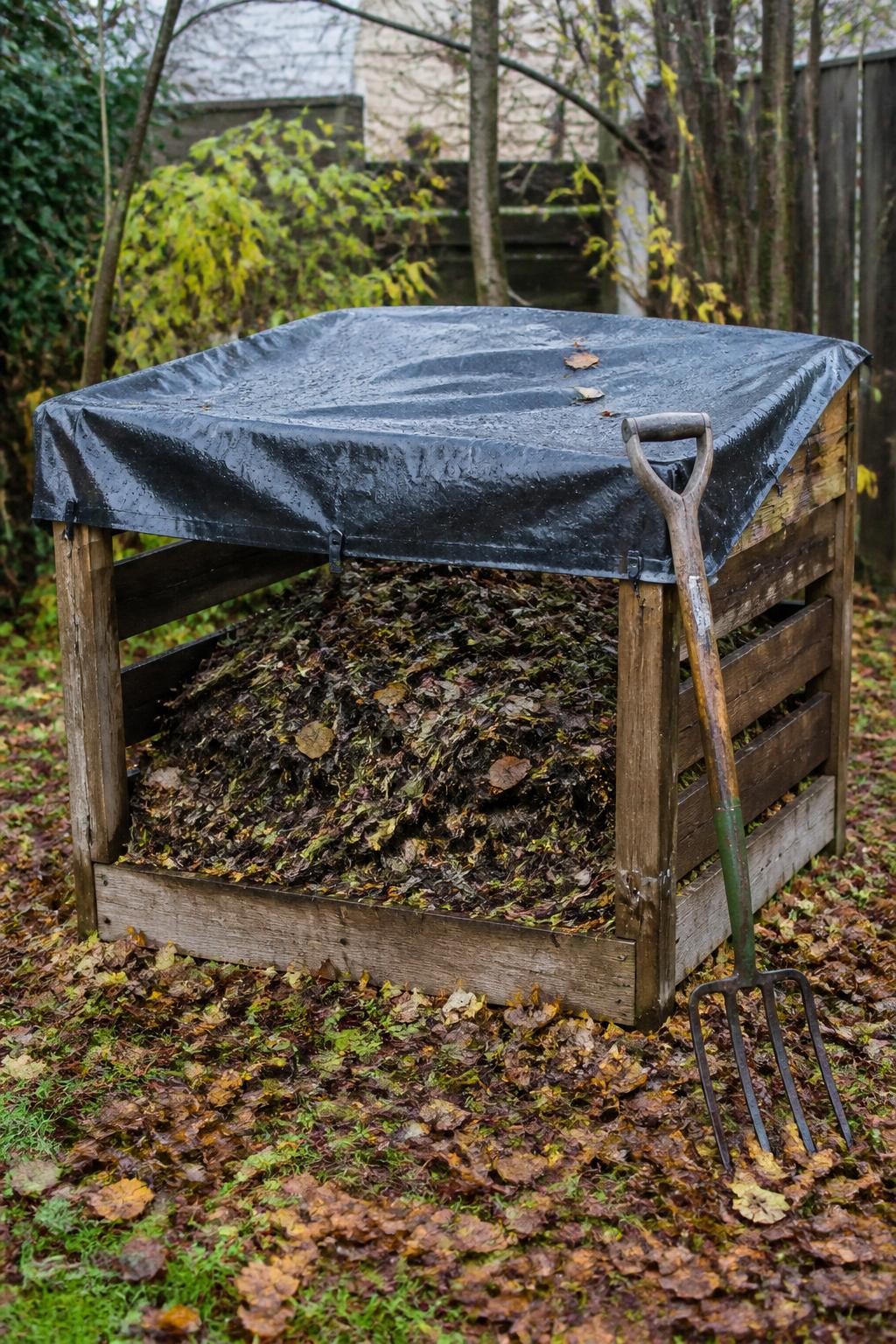 Image Prompt: A realistic fall backyard compost bin covered loosely with a dark weatherproof tarp secured across the top with clips, the sides left open for airflow, shredded leaves and mixed compost materials visible beneath, rain droplets on the tarp, a garden fork leaning against the wooden bin, wet autumn leaves scattered on the ground, cool cloudy daylight, practical residential composting setup, detailed DSLR photography, 35mm lens, no text.