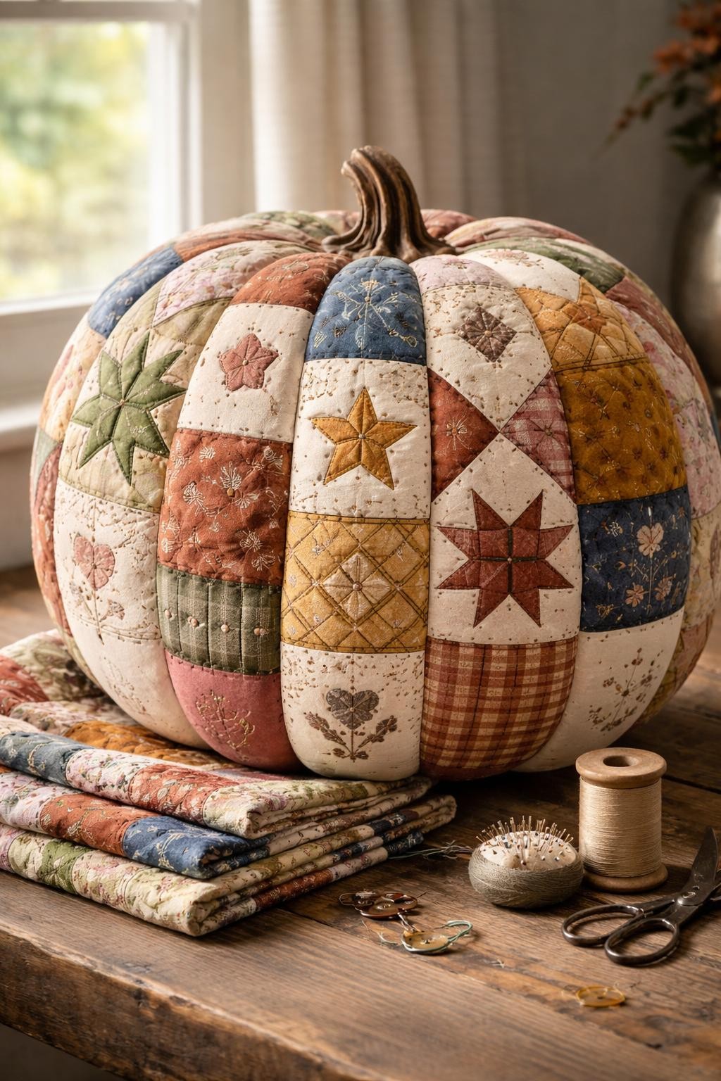 Image Prompt: A large white pumpkin covered in an intricate heirloom quilt pattern, hand-painted patchwork blocks in rust, navy, mustard, cream, dusty rose, and olive green, fine stitched lines drawn around every section, small fabric patches and embroidered details mixed into the painted design, wooden spool of thread and folded quilt pieces at the base, cozy farmhouse contest styling, soft natural window light, realistic DSLR photo, crisp surface details, no people, no text.
