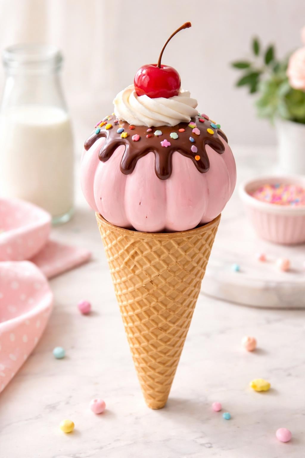 Image Prompt: A small pastel-pink pumpkin styled as a playful scoop of ice cream sitting on a tall waffle-textured cardboard cone, glossy chocolate drizzle across the top, tiny colorful clay sprinkles, whipped cream swirl around the stem, bright red cherry attached above it, cheerful café-inspired setup, clean pale background, bright natural light, realistic DSLR food-style craft photography, no people, no text.
