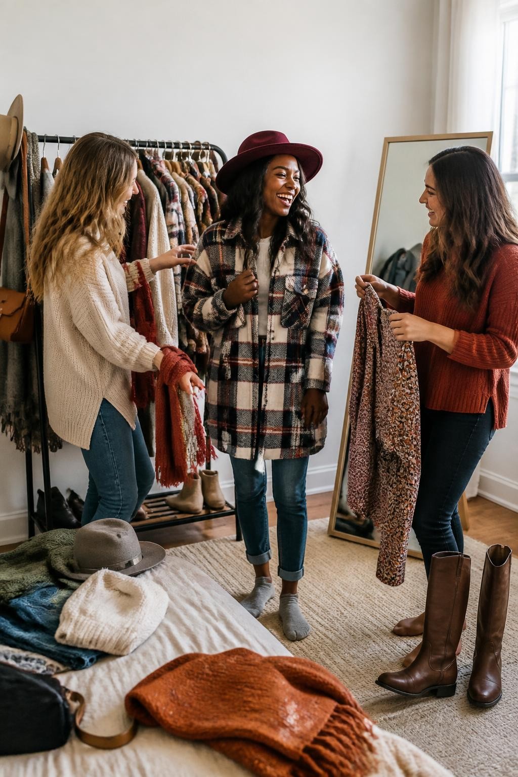 Image Prompt: A bright bedroom or dressing area prepared for a playful outfit challenge, a clothing rack holding cardigans, scarves, jackets, hats, boots and patterned shirts in autumn colors, three adult friends selecting clothing for one another, a Black woman laughing while trying on an oversized plaid jacket and burgundy hat, full-length mirror, folded garments and accessories arranged naturally, soft daylight, realistic fabric texture and body proportions, editorial DSLR fashion photography, no visible brand names, no text.
