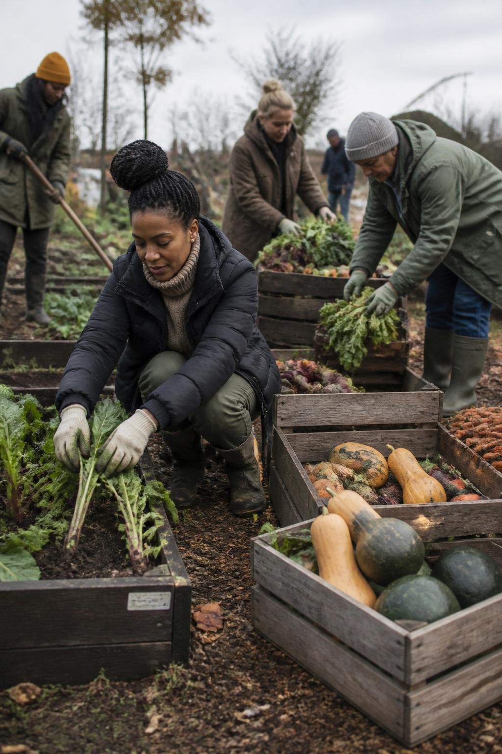 Image Prompt: A community garden during autumn harvest, volunteers gathering vegetables and clearing beds, crates filled with squash, carrots, and leafy greens, a Black woman in work gloves kneeling beside a raised bed while others sort produce into boxes, practical jackets, muddy boots, cloudy daylight, genuine teamwork, documentary-style DSLR photography, 35mm lens, no text, no logos.