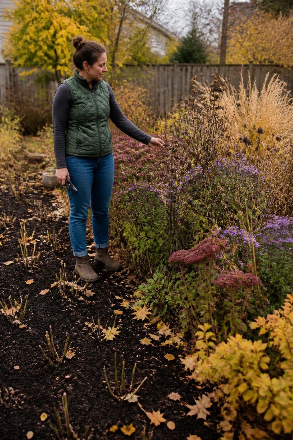 Image Prompt: A realistic fall perennial garden showing a clear contrast between one section cut completely bare and another section left with healthy coneflower seedheads, sedum, asters, and ornamental grass still standing, a gardener holding pruning shears while pausing to inspect the plants, scattered amber leaves on dark mulch, soft overcast autumn daylight, modest backyard fence in the background, natural plant imperfections, practical residential garden setting, editorial DSLR photography, 50mm lens, highly detailed, no text.