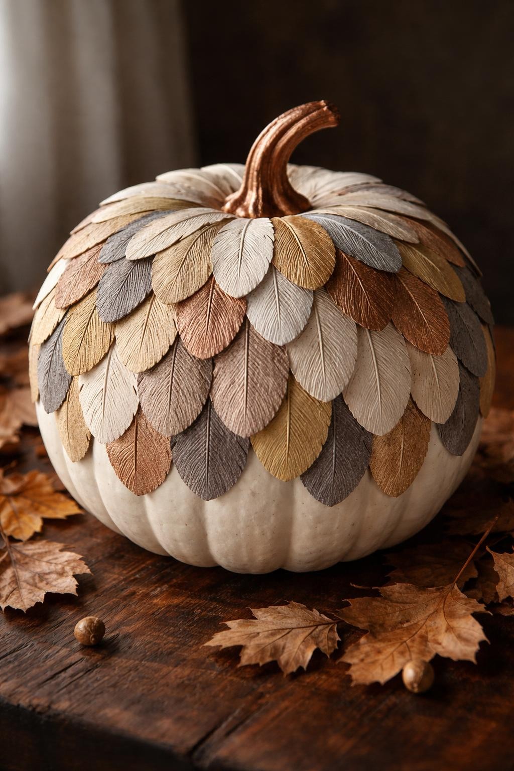 Image Prompt: A white pumpkin covered with layered paper feathers in cream, taupe, copper, muted gold, and soft gray, feather shapes overlapping neatly from bottom to top, fine hand-drawn lines along each feather, metallic copper stem, displayed on a dark wood surface with dried leaves, soft natural side light, realistic DSLR craft photography, intricate layered texture, no people, no text.