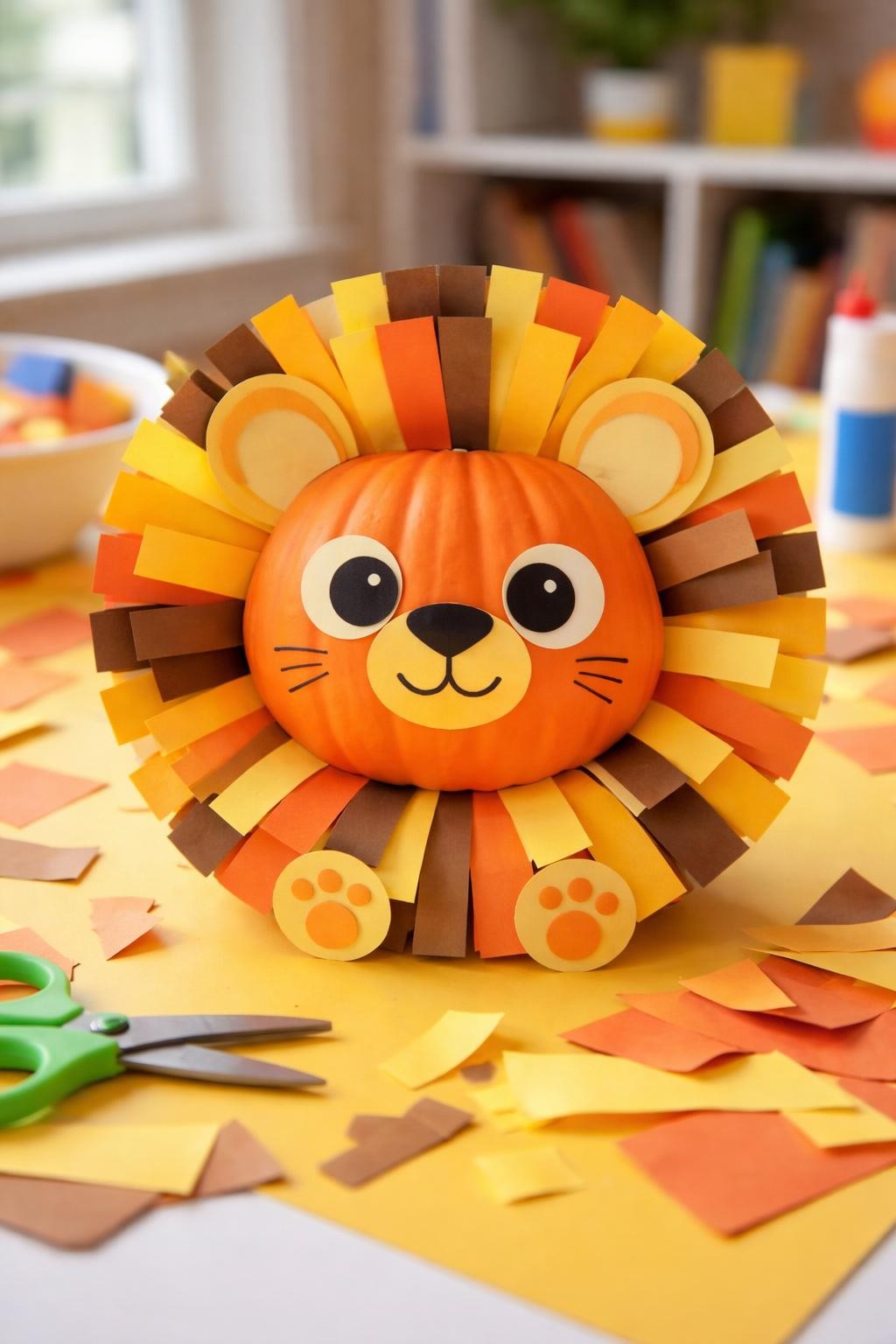 Image Prompt: A small orange pumpkin transformed into a cheerful lion, layered strips of yellow, mustard, orange, and brown construction paper forming a full circular mane, rounded paper ears, large friendly eyes, black paper nose, curved smiling mouth, tiny paper paws at the base, bright classroom craft table, scattered paper scraps and child-safe scissors nearby, soft natural daylight, realistic DSLR craft photography, crisp handmade textures, no children visible, no text.
