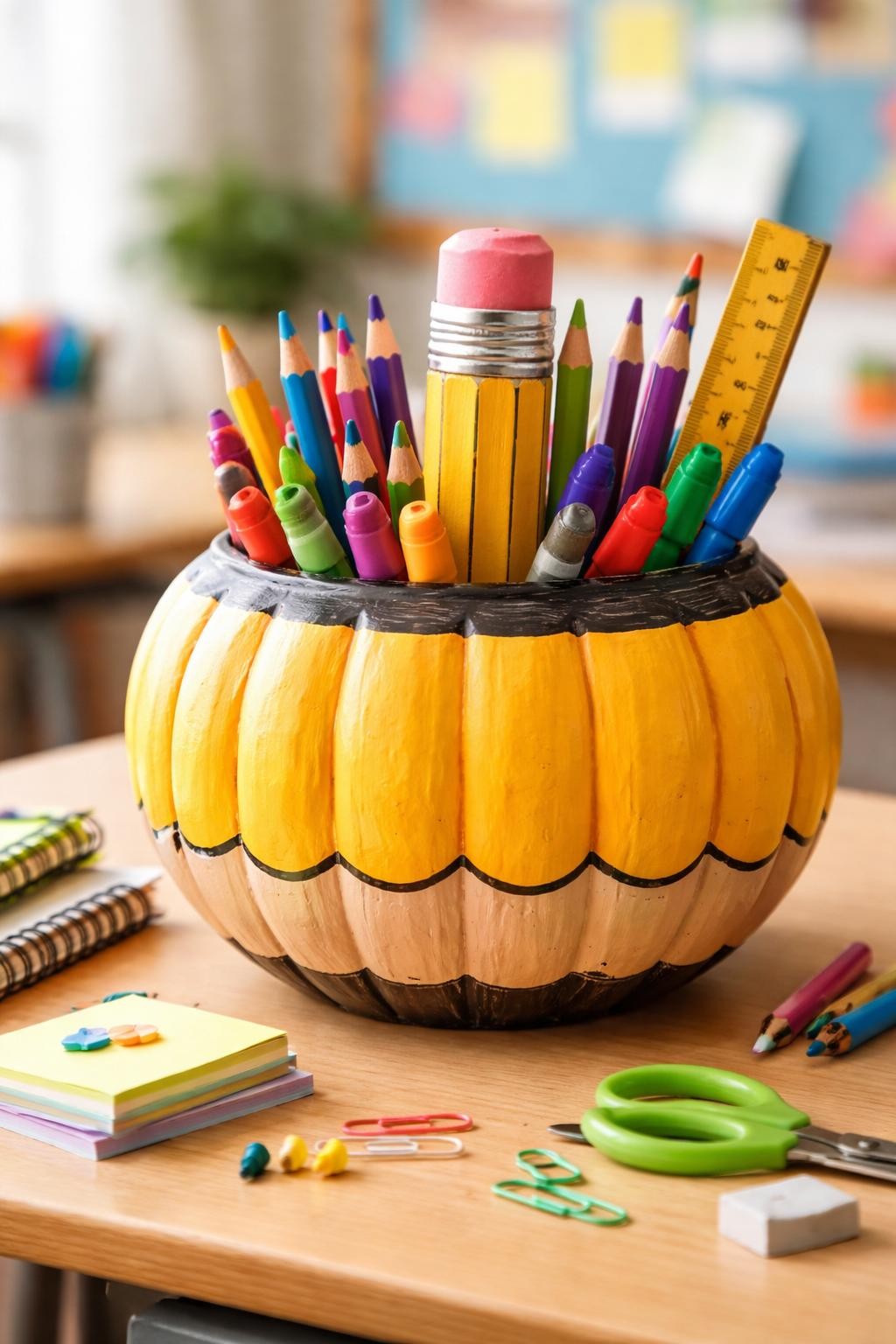 Image Prompt: A hollow-looking yellow pumpkin styled as a giant pencil cup, painted pencil pattern around the outside, top filled with colorful paper pencils, crayons, rulers, and markers, pink eraser-style stem, black graphite details, clean classroom desk setting, soft daylight, realistic DSLR photography, sharp school supply details, no people, no readable text.