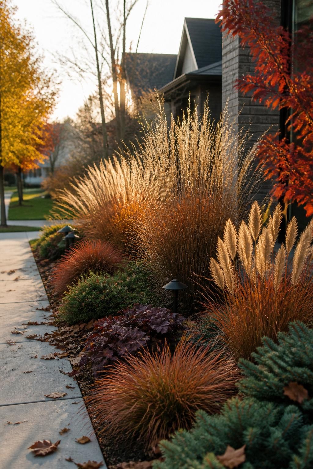 Image Prompt: A realistic modern front-yard landscape in fall featuring clumps of fountain grass, switchgrass, and compact bronze sedge, their tan and copper seedheads moving gently in the breeze, planted among burgundy heuchera and low evergreens beside a concrete walkway, warm late-afternoon backlighting passing through the grass plumes, scattered dry leaves, clean residential architecture in the background, true-to-life plant proportions, editorial DSLR photography, 50mm lens, no text.