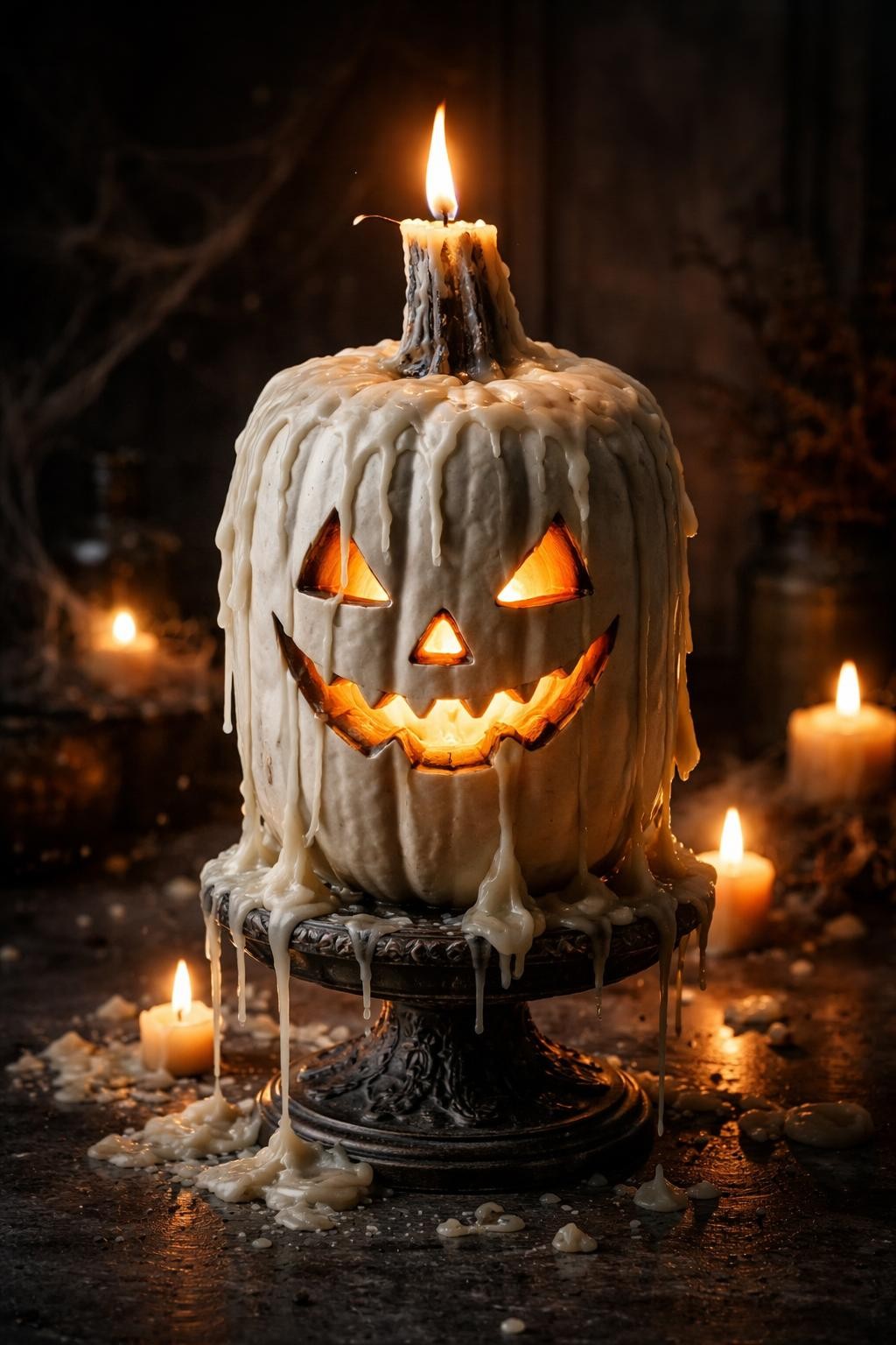 Image Prompt: A tall white pumpkin transformed into an oversized melting candle jack-o’-lantern, classic carved smiling face glowing from within, thick realistic wax drips flowing from the stem and down the sides, dark metal candleholder base, small warm flames made from flickering LED lights, scattered wax droplets, moody Halloween setting, dramatic shadows, highly realistic texture, cinematic DSLR photography, no people, no text.