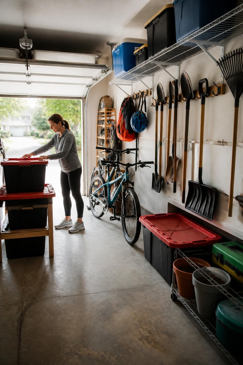 Image Prompt: A highly realistic wide-angle garage photograph showing a homeowner preparing storage for fall, with summer sports equipment placed into labeled lidded bins, garden tools mounted securely on wall hooks, a snow shovel and leaf rake moved toward the front, heavy containers stored on low shelving, bicycles parked neatly, clean walkway leading to the exit, natural daylight entering through the open garage door, believable concrete floor wear and household storage variety, accurate object scale and body proportions, professional DSLR photography with a 28mm lens, organized but lived-in home editorial style, no dangerously stacked objects, no readable labels, no watermarks on images.