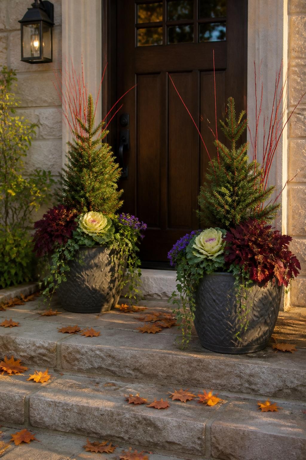 Image Prompt: A realistic front entrance in fall with two large coordinated frost-resistant planters placed on either side of a dark wooden door, each filled with a compact dwarf evergreen, burgundy heuchera, cream ornamental cabbage, purple violas, trailing ivy, and a few natural red dogwood stems, scattered leaves on stone steps, warm evening sunlight, balanced but not perfectly identical arrangement, elegant achievable home landscaping, DSLR photography, 50mm lens, no text.
