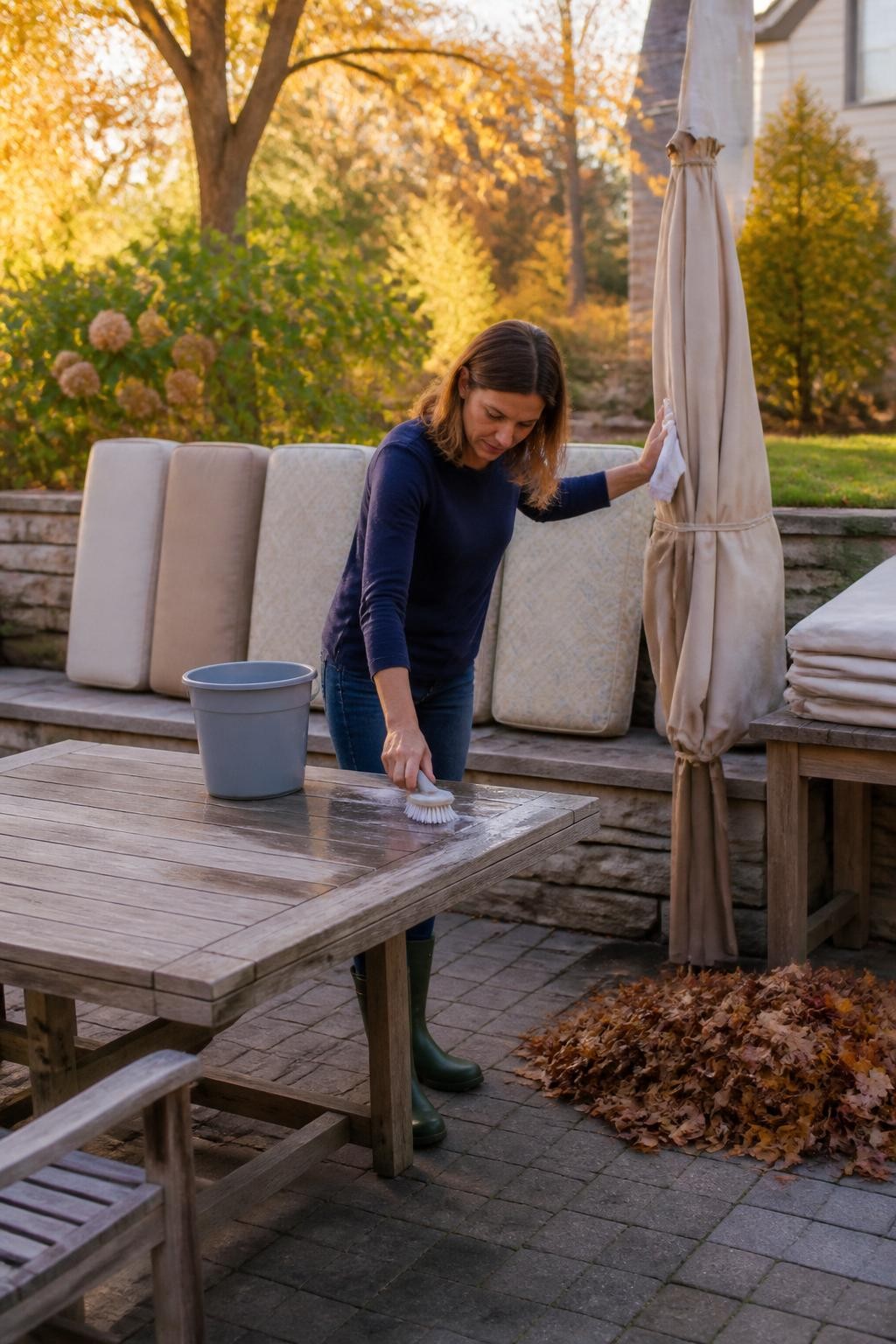 Image Prompt: A detailed, photorealistic backyard maintenance scene showing a woman cleaning a wooden patio table with a soft brush and mild soapy water, outdoor cushions standing upright to dry completely, closed umbrella being wiped before storage, furniture covers folded neatly on a bench, scattered fall leaves gathered into a small pile, warm late-afternoon sunlight, realistic weathered wood, fabric, stone, and garden textures, accurate body posture and hand position, professional full-frame DSLR photography with a 35mm lens, colorful but natural outdoor-living editorial quality, no excessive decorations, no visible brand labels, no text, no watermarks on images.
