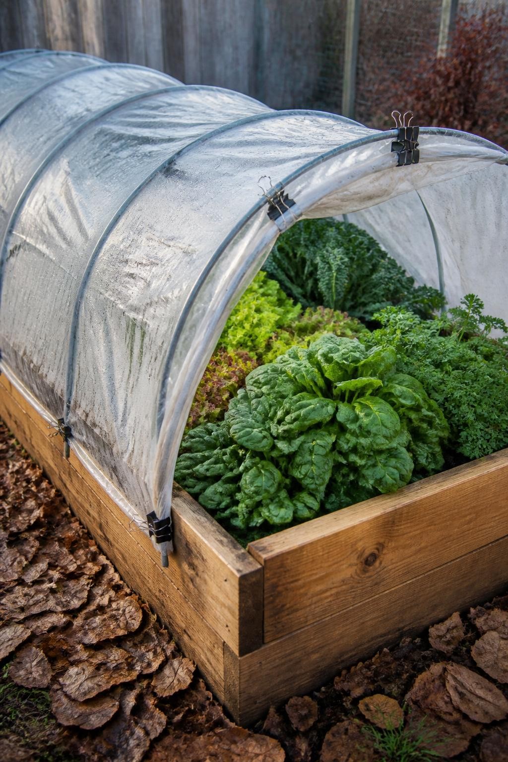 Image Prompt: A realistic rectangular cedar raised bed fitted with evenly spaced low metal hoops covered by clear garden plastic, one side of the plastic lifted and clipped open to reveal mature spinach, lettuce, parsley, and young kale inside, small metal clips securing the cover, fallen leaves collected around the bed frame, visible condensation droplets on the inside of the plastic, cool late-autumn morning light, practical backyard vegetable garden, true-to-life construction details, editorial DSLR photography, 35mm lens, highly detailed, no text.