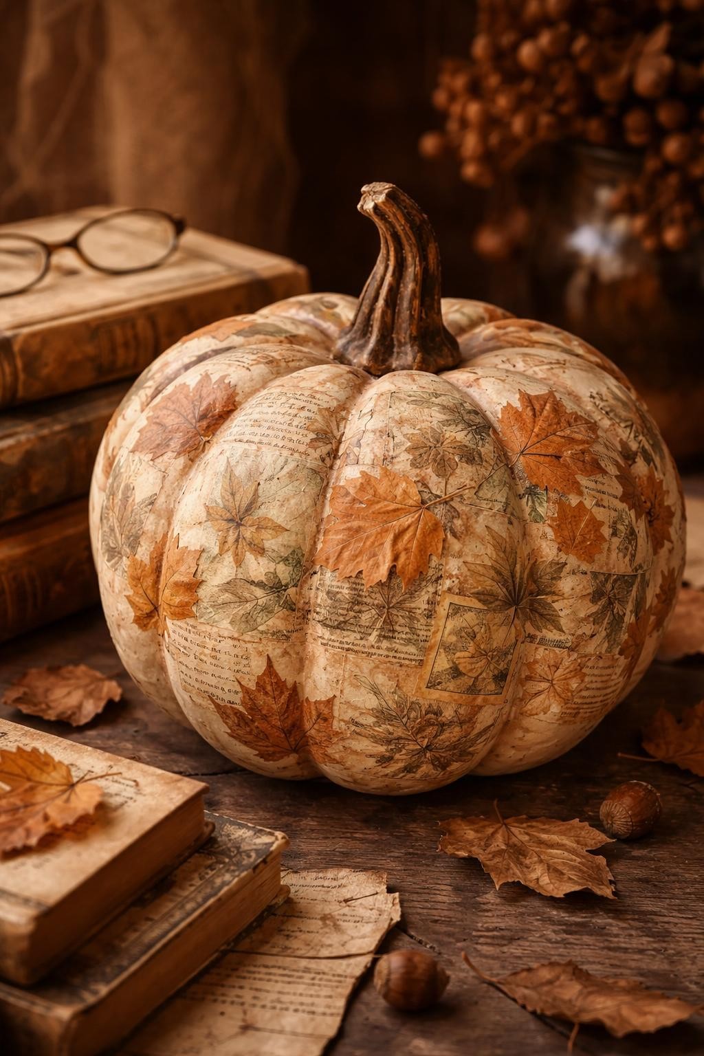 Image Prompt: A pale cream pumpkin decorated with a layered collage of vintage autumn postcards, botanical illustrations, faded postage stamps, handwritten paper fragments, old map pieces, and pressed leaves, edges softly distressed, antique-brown stem, styled beside old books and brass reading glasses, warm nostalgic lighting, realistic DSLR photography, no people, no readable text.