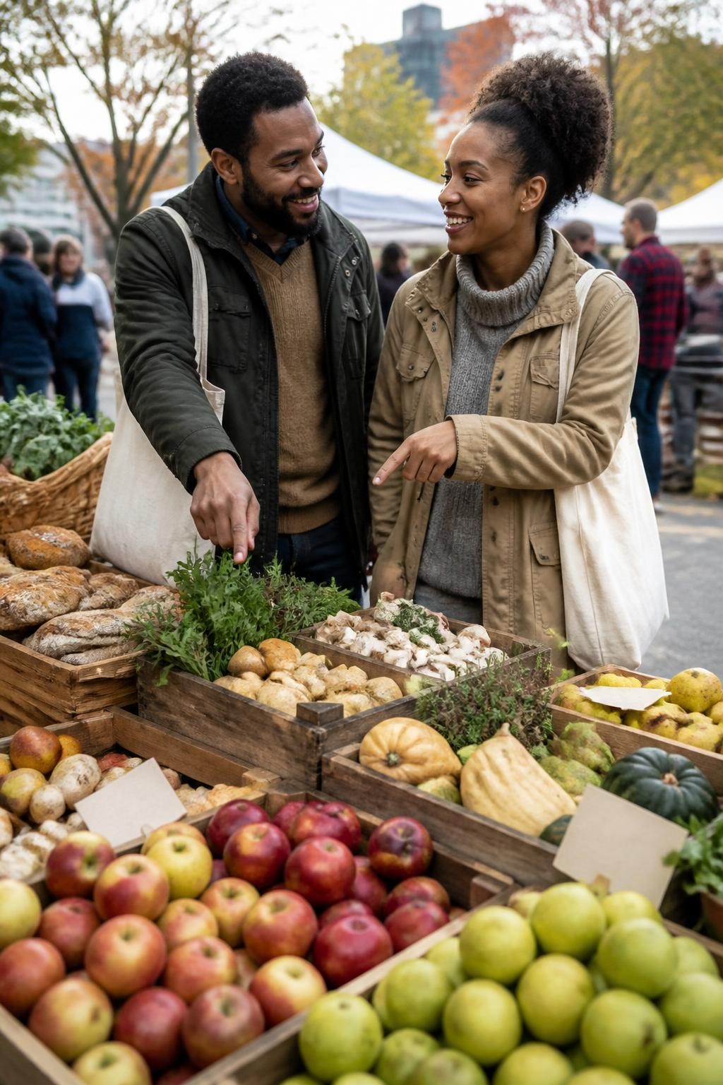 Image Prompt: A realistic fall farmers’ market filled with wooden produce stalls, apples, pears, fresh bread, mushrooms, herbs and different varieties of squash, a Black couple standing beside a stall and playfully pointing toward separate ingredients as they make their selections, reusable canvas bags over their shoulders, layered sweaters beneath practical jackets, relaxed laughter, natural shoppers softly blurred in the background, imperfect fruit and handwritten-style signs with no readable words, crisp late-morning light, documentary-inspired DSLR photography, 35mm lens, no text.