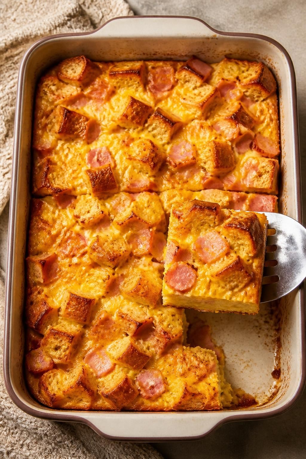 Photo prompt: Realistic top-down editorial food photography of a 9x13 baking dish filled with golden-brown breakfast casserole. Cubes of bread, chunks of ham, and melted cheddar cheese are visible. A spatula lifting a square. Warm natural light, crowd-pleasing make-ahead breakfast mood, no people, no hands, no text, no watermarks, no props with writing.